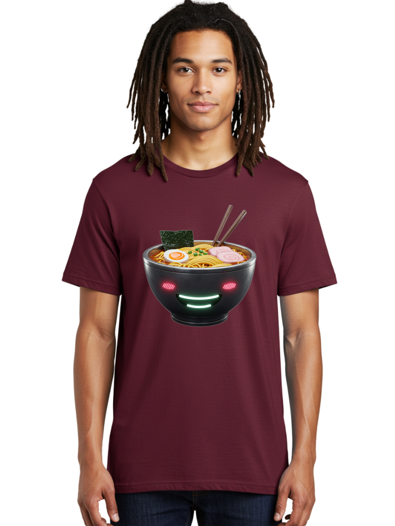 Glowing-Ramen Men'S Graphic Tee, 100% Cotton, Comfortable Casual Summer Wear, Machine Washable, Bowl Of Ramen, Steaming Hot Noodles, Sliced Pork, Boiled Egg, Seaweed, Chopsticks, Glowing Eyes, Futuristic Bowl, Cyberpunk Food, Neon Lights, Bae456