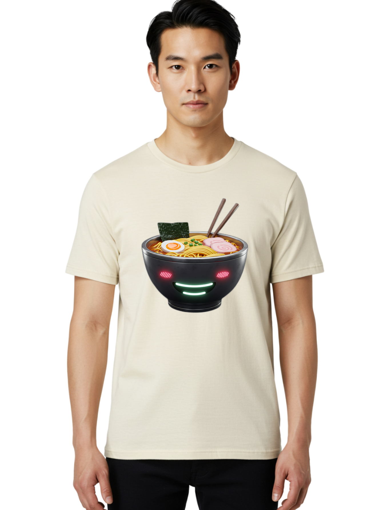 Glowing-Ramen Men'S Graphic Tee, 100% Cotton, Comfortable Casual Summer Wear, Machine Washable, Bowl Of Ramen, Steaming Hot Noodles, Sliced Pork, Boiled Egg, Seaweed, Chopsticks, Glowing Eyes, Futuristic Bowl, Cyberpunk Food, Neon Lights, Bae456