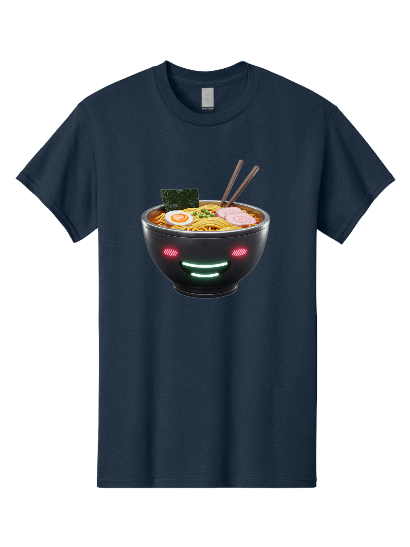 Glowing-Ramen Men'S Graphic Tee, 100% Cotton, Comfortable Casual Summer Wear, Machine Washable, Bowl Of Ramen, Steaming Hot Noodles, Sliced Pork, Boiled Egg, Seaweed, Chopsticks, Glowing Eyes, Futuristic Bowl, Cyberpunk Food, Neon Lights, Bae456