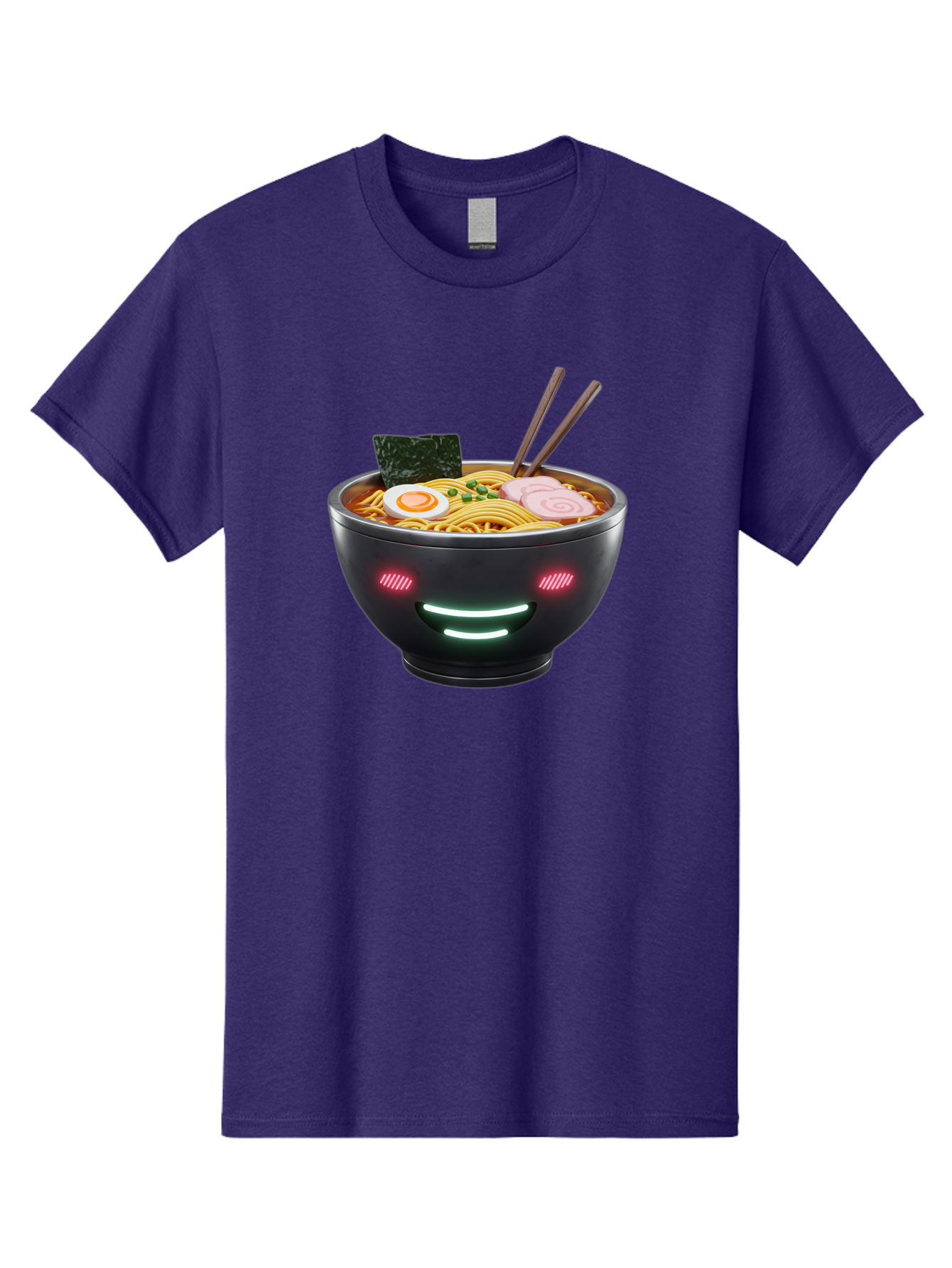 Glowing-Ramen Men'S Graphic Tee, 100% Cotton, Comfortable Casual Summer Wear, Machine Washable, Bowl Of Ramen, Steaming Hot Noodles, Sliced Pork, Boiled Egg, Seaweed, Chopsticks, Glowing Eyes, Futuristic Bowl, Cyberpunk Food, Neon Lights, Bae456