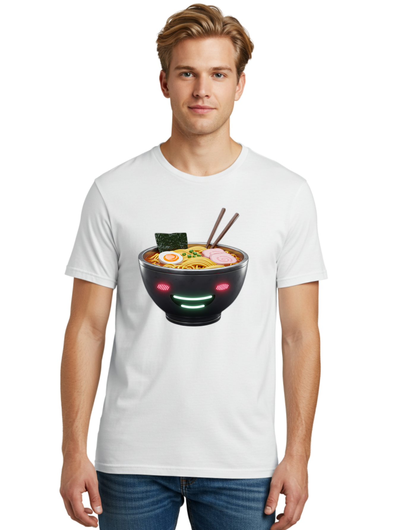Glowing-Ramen Men'S Graphic Tee, 100% Cotton, Comfortable Casual Summer Wear, Machine Washable, Bowl Of Ramen, Steaming Hot Noodles, Sliced Pork, Boiled Egg, Seaweed, Chopsticks, Glowing Eyes, Futuristic Bowl, Cyberpunk Food, Neon Lights, Bae456