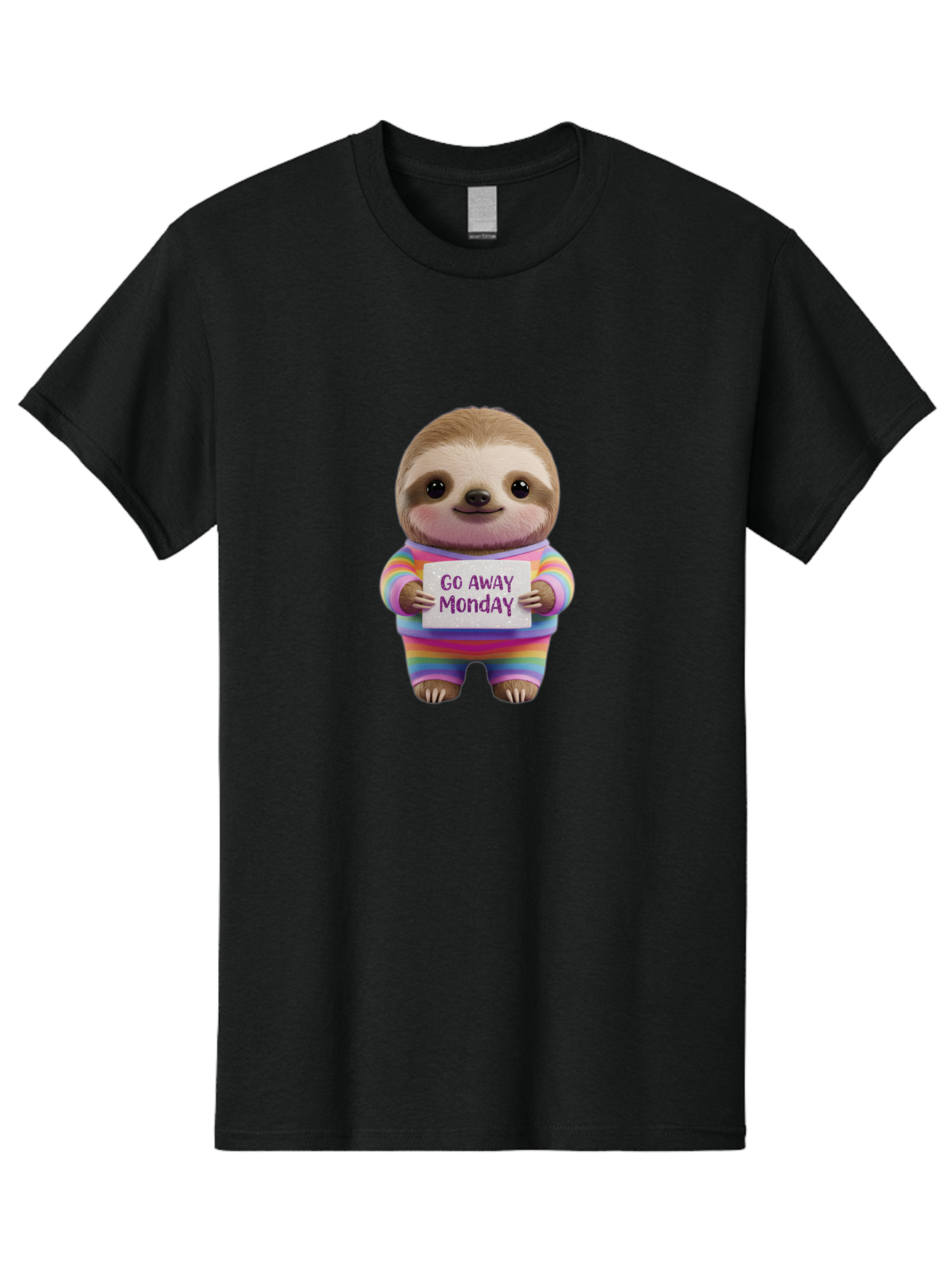 Go-Away-Monday-Sloth-1 Men'S Graphic Tee, 100% Cotton, Comfortable Casual Summer Wear, Machine Washable, Cute Sloth In Rainbow Pajamas, Holding Sign That Says Go Away Monday, Funny Cartoon Character, Humorous Illustration, Lazy Sloth, Bae457