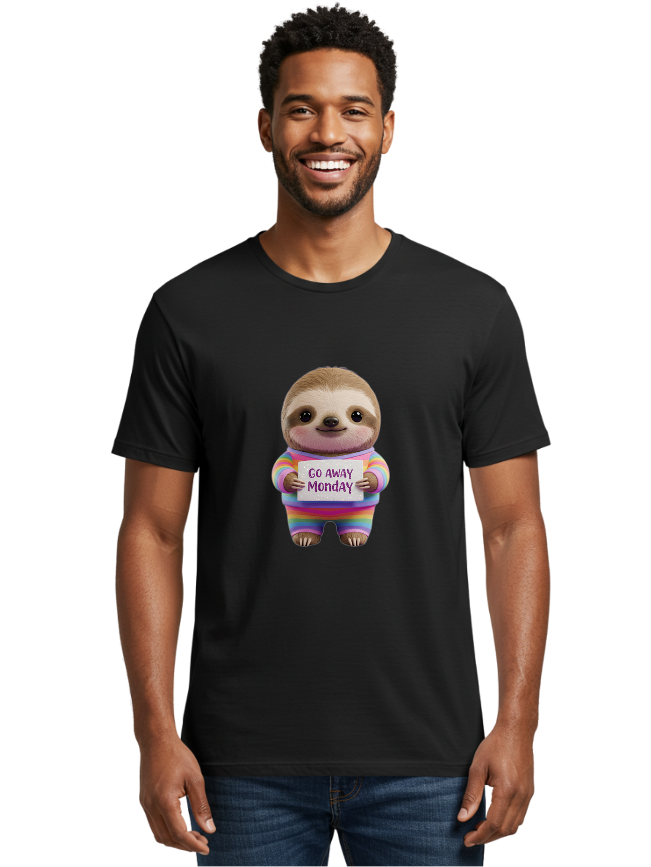 Go-Away-Monday-Sloth-1 Men'S Graphic Tee, 100% Cotton, Comfortable Casual Summer Wear, Machine Washable, Cute Sloth In Rainbow Pajamas, Holding Sign That Says Go Away Monday, Funny Cartoon Character, Humorous Illustration, Lazy Sloth, Bae457
