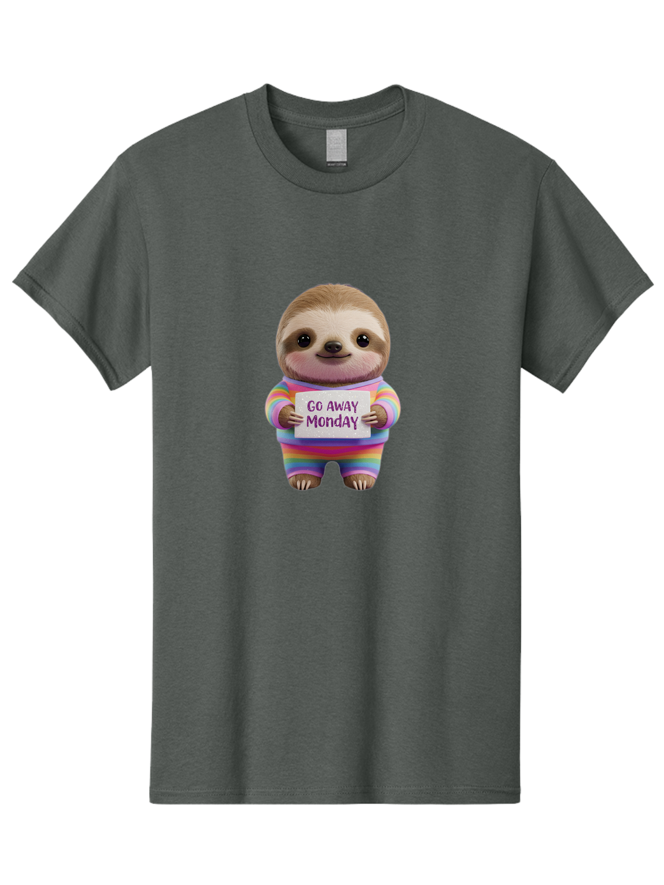 Go-Away-Monday-Sloth-1 Men'S Graphic Tee, 100% Cotton, Comfortable Casual Summer Wear, Machine Washable, Cute Sloth In Rainbow Pajamas, Holding Sign That Says Go Away Monday, Funny Cartoon Character, Humorous Illustration, Lazy Sloth, Bae457