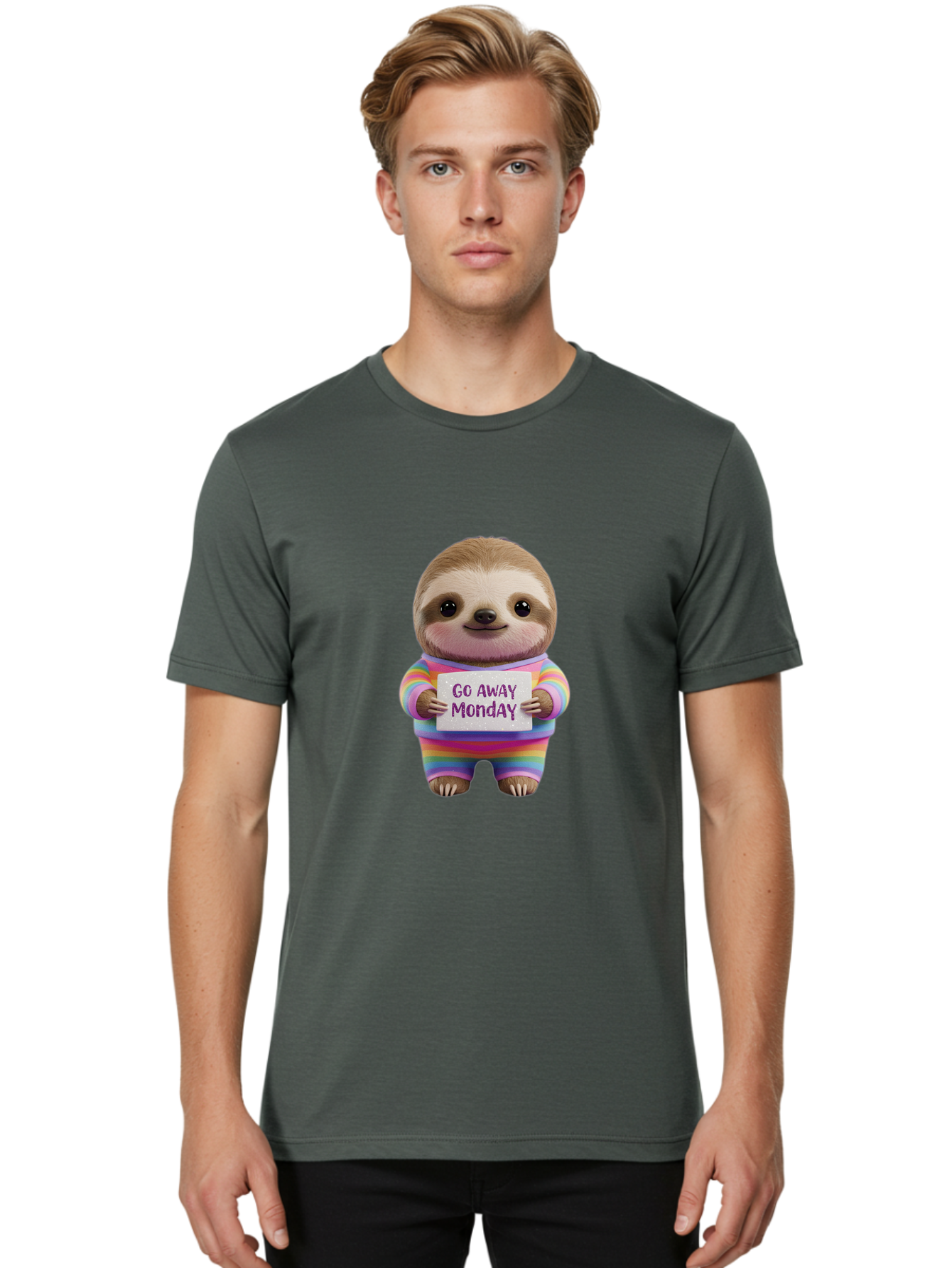 Go-Away-Monday-Sloth-1 Men'S Graphic Tee, 100% Cotton, Comfortable Casual Summer Wear, Machine Washable, Cute Sloth In Rainbow Pajamas, Holding Sign That Says Go Away Monday, Funny Cartoon Character, Humorous Illustration, Lazy Sloth, Bae457