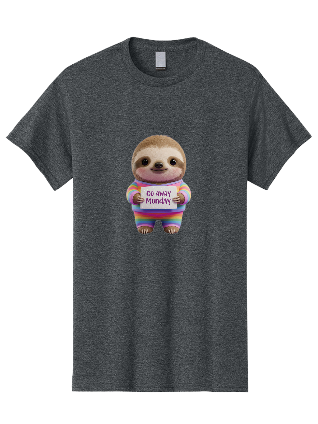 Go-Away-Monday-Sloth-1 Men'S Graphic Tee, 100% Cotton, Comfortable Casual Summer Wear, Machine Washable, Cute Sloth In Rainbow Pajamas, Holding Sign That Says Go Away Monday, Funny Cartoon Character, Humorous Illustration, Lazy Sloth, Bae457
