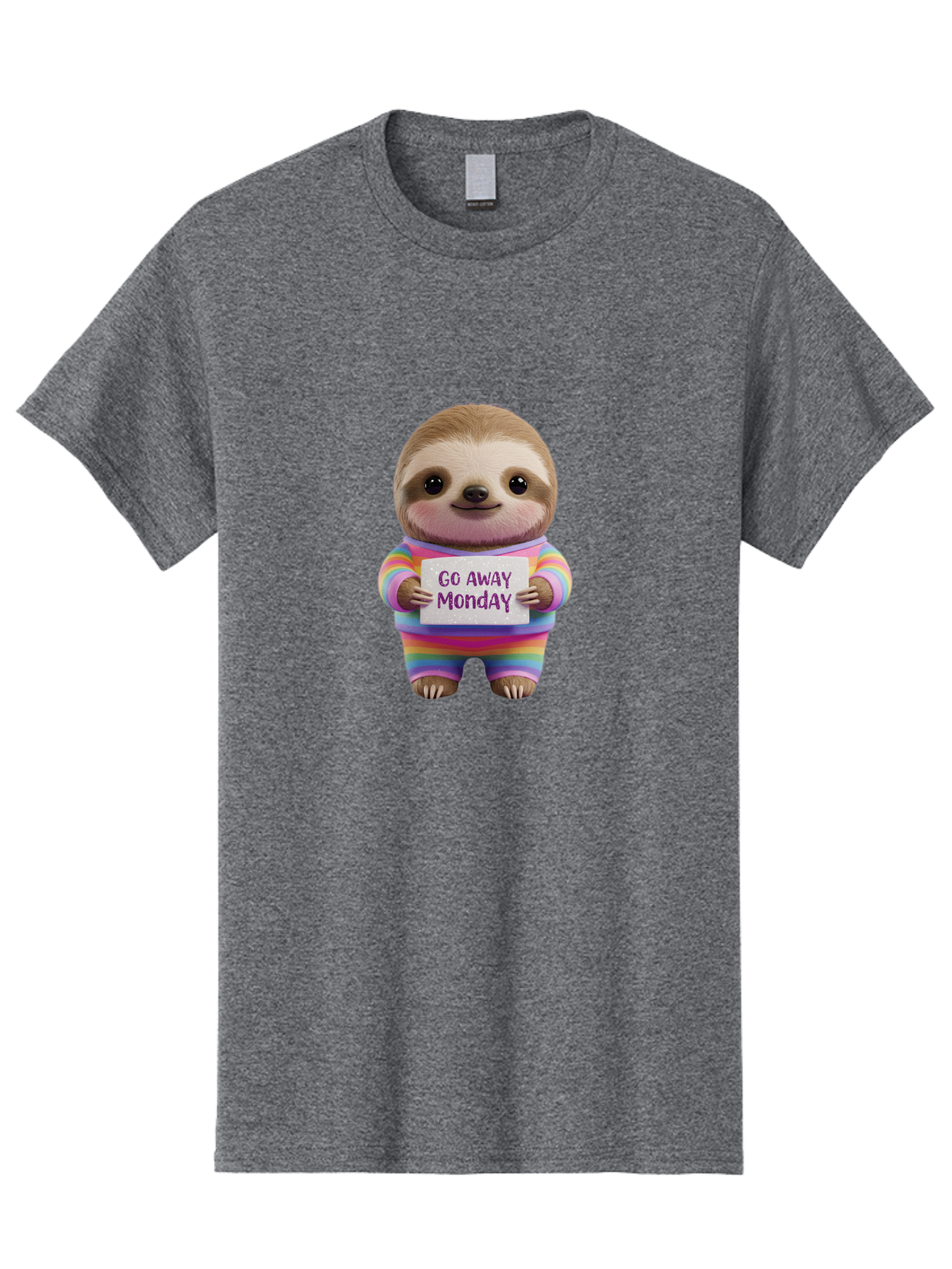 Go-Away-Monday-Sloth-1 Men'S Graphic Tee, 100% Cotton, Comfortable Casual Summer Wear, Machine Washable, Cute Sloth In Rainbow Pajamas, Holding Sign That Says Go Away Monday, Funny Cartoon Character, Humorous Illustration, Lazy Sloth, Bae457