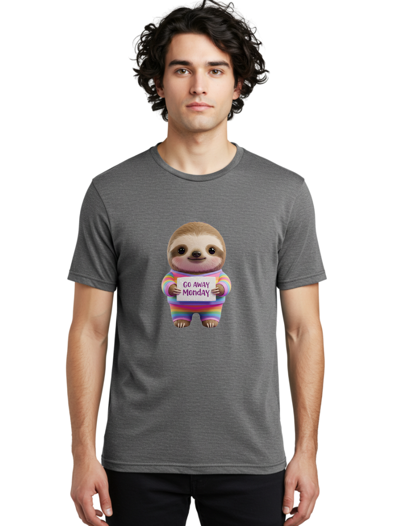 Go-Away-Monday-Sloth-1 Men'S Graphic Tee, 100% Cotton, Comfortable Casual Summer Wear, Machine Washable, Cute Sloth In Rainbow Pajamas, Holding Sign That Says Go Away Monday, Funny Cartoon Character, Humorous Illustration, Lazy Sloth, Bae457