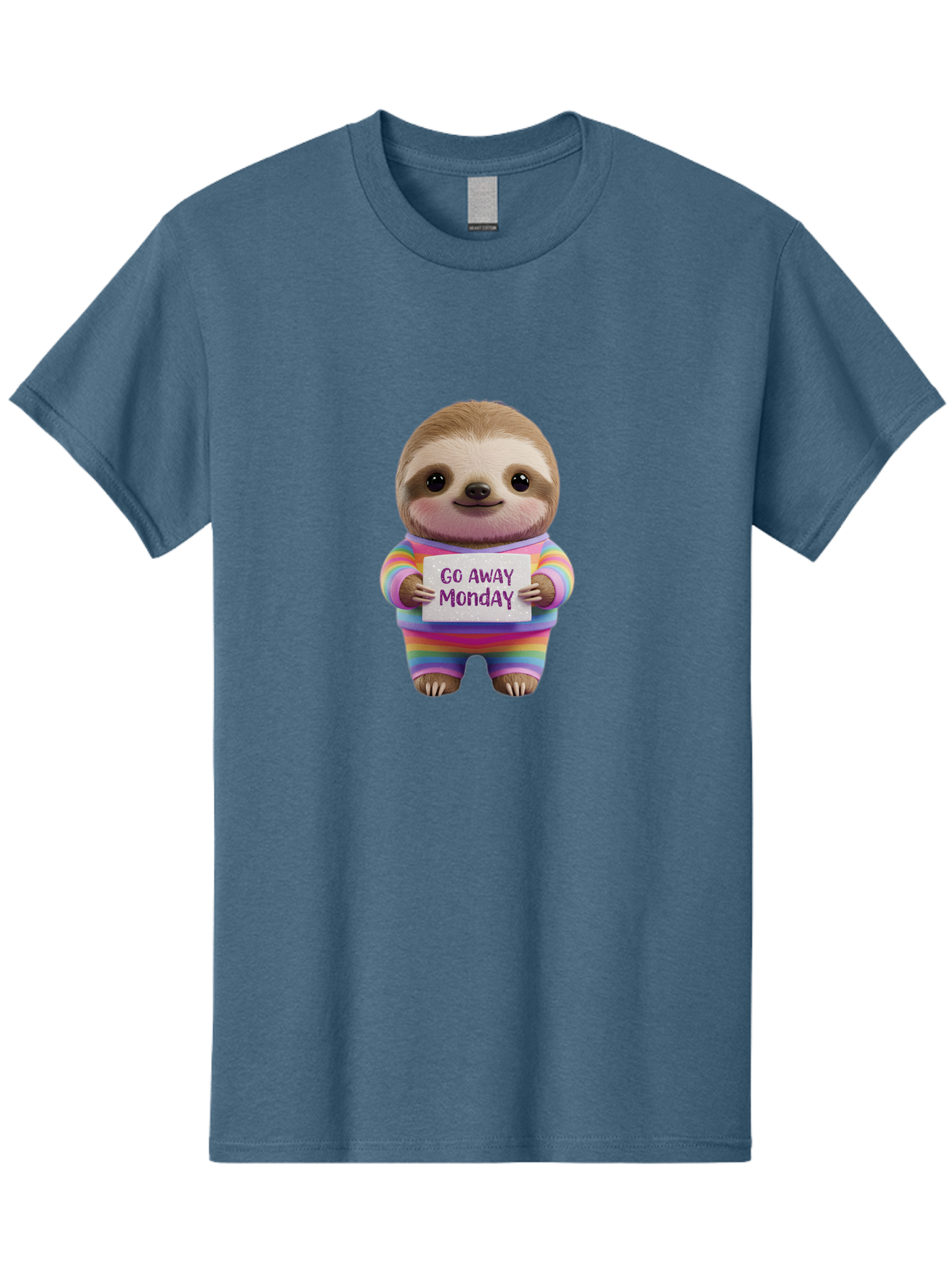 Go-Away-Monday-Sloth-1 Men'S Graphic Tee, 100% Cotton, Comfortable Casual Summer Wear, Machine Washable, Cute Sloth In Rainbow Pajamas, Holding Sign That Says Go Away Monday, Funny Cartoon Character, Humorous Illustration, Lazy Sloth, Bae457