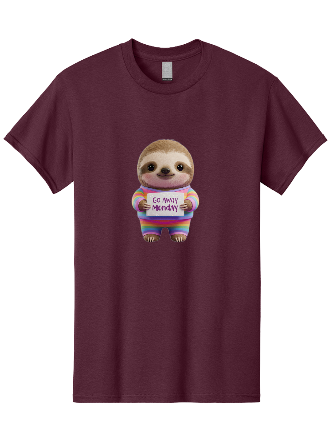 Go-Away-Monday-Sloth-1 Men'S Graphic Tee, 100% Cotton, Comfortable Casual Summer Wear, Machine Washable, Cute Sloth In Rainbow Pajamas, Holding Sign That Says Go Away Monday, Funny Cartoon Character, Humorous Illustration, Lazy Sloth, Bae457