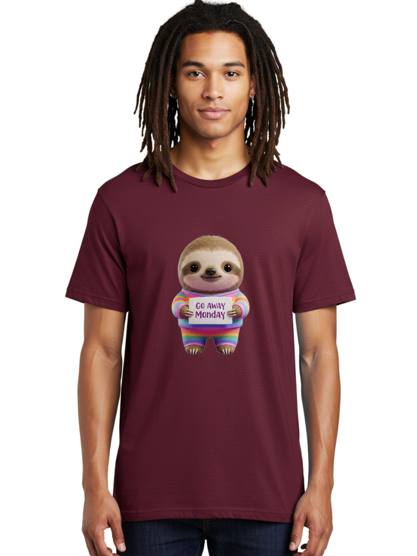Go-Away-Monday-Sloth-1 Men'S Graphic Tee, 100% Cotton, Comfortable Casual Summer Wear, Machine Washable, Cute Sloth In Rainbow Pajamas, Holding Sign That Says Go Away Monday, Funny Cartoon Character, Humorous Illustration, Lazy Sloth, Bae457