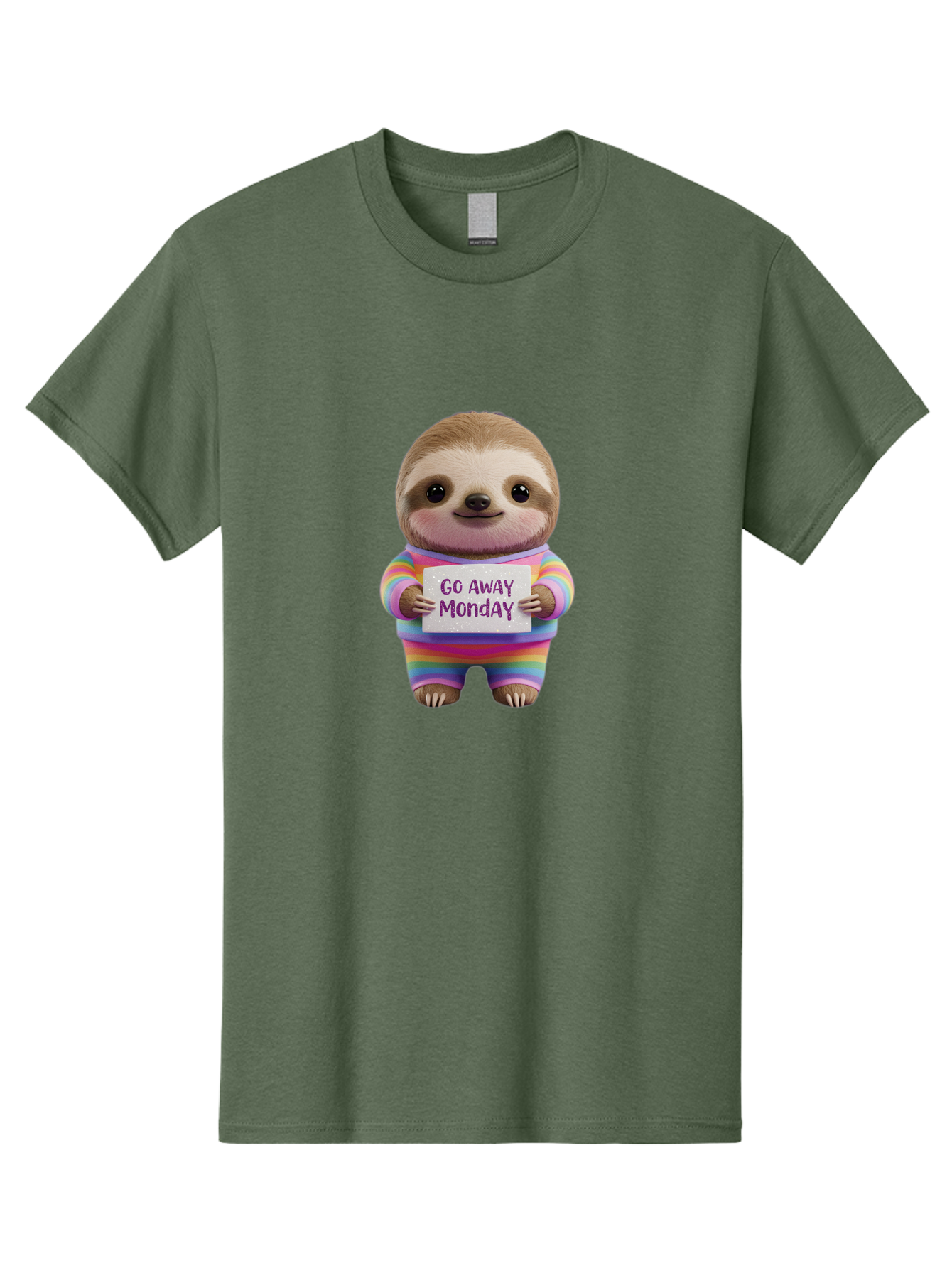 Go-Away-Monday-Sloth-1 Men'S Graphic Tee, 100% Cotton, Comfortable Casual Summer Wear, Machine Washable, Cute Sloth In Rainbow Pajamas, Holding Sign That Says Go Away Monday, Funny Cartoon Character, Humorous Illustration, Lazy Sloth, Bae457