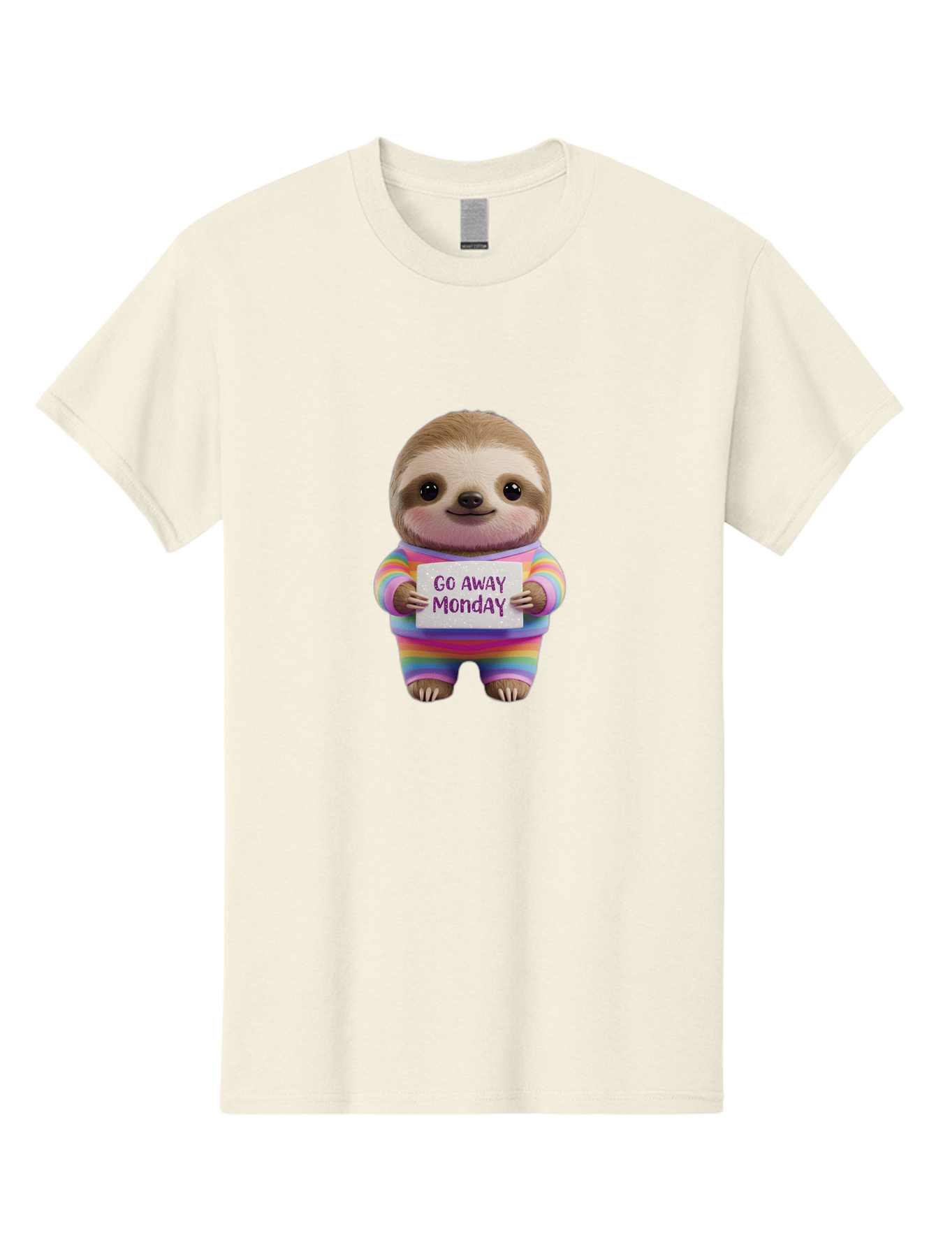 Go-Away-Monday-Sloth-1 Men'S Graphic Tee, 100% Cotton, Comfortable Casual Summer Wear, Machine Washable, Cute Sloth In Rainbow Pajamas, Holding Sign That Says Go Away Monday, Funny Cartoon Character, Humorous Illustration, Lazy Sloth, Bae457
