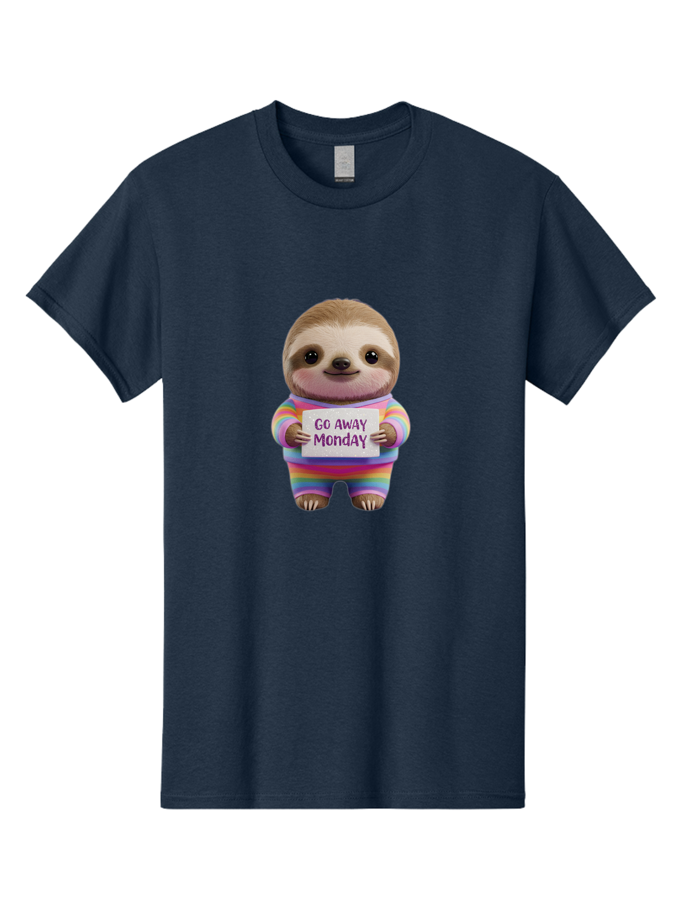 Go-Away-Monday-Sloth-1 Men'S Graphic Tee, 100% Cotton, Comfortable Casual Summer Wear, Machine Washable, Cute Sloth In Rainbow Pajamas, Holding Sign That Says Go Away Monday, Funny Cartoon Character, Humorous Illustration, Lazy Sloth, Bae457