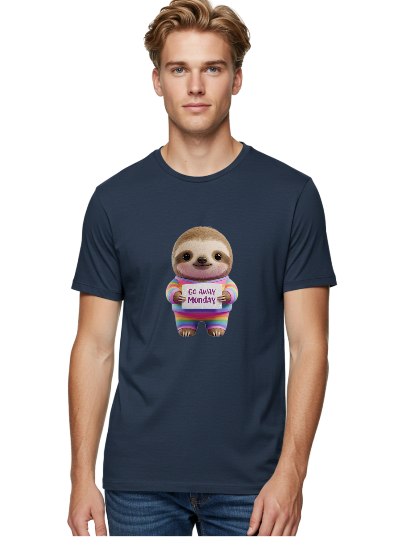 Go-Away-Monday-Sloth-1 Men'S Graphic Tee, 100% Cotton, Comfortable Casual Summer Wear, Machine Washable, Cute Sloth In Rainbow Pajamas, Holding Sign That Says Go Away Monday, Funny Cartoon Character, Humorous Illustration, Lazy Sloth, Bae457