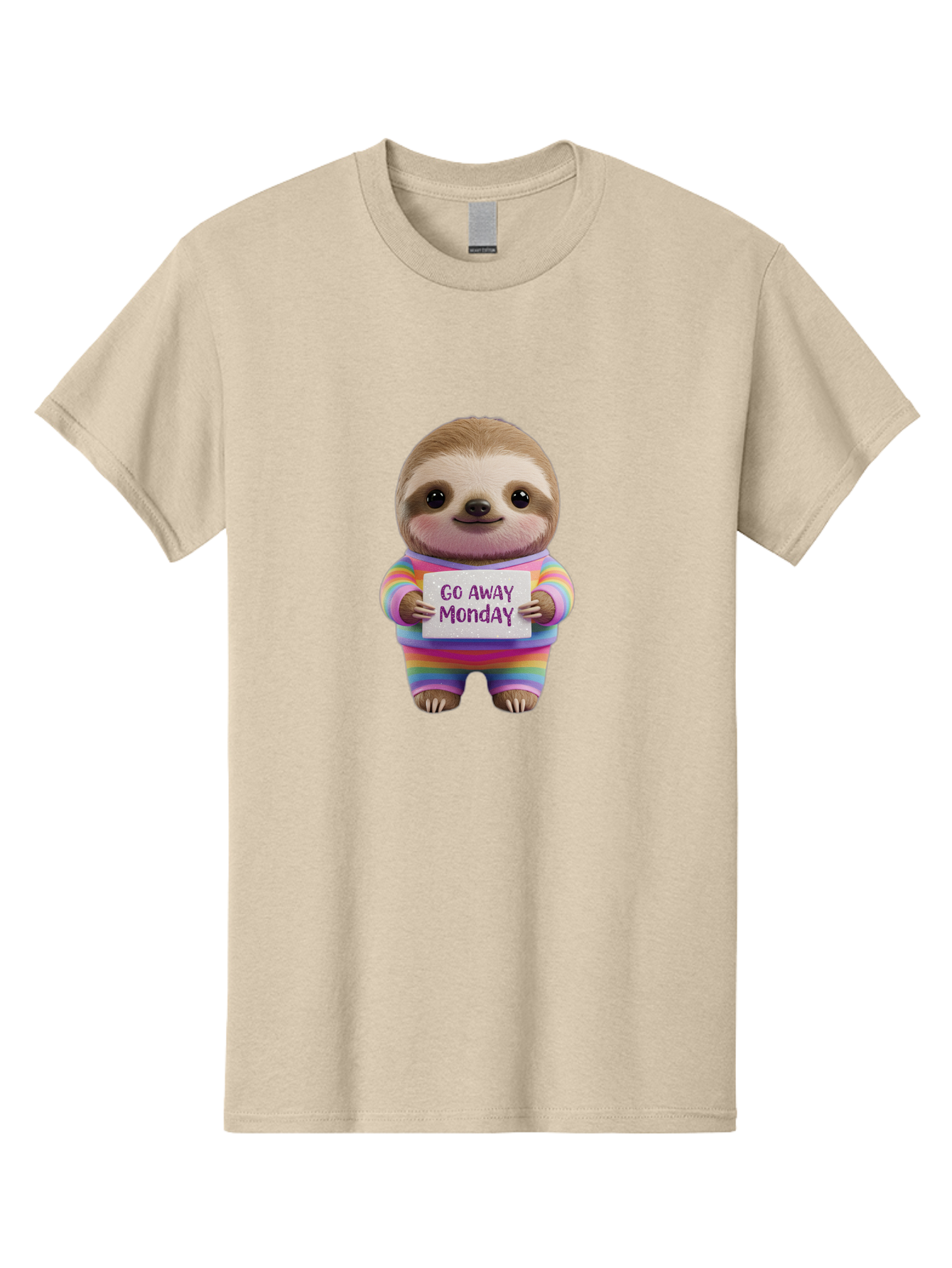 Go-Away-Monday-Sloth-1 Men'S Graphic Tee, 100% Cotton, Comfortable Casual Summer Wear, Machine Washable, Cute Sloth In Rainbow Pajamas, Holding Sign That Says Go Away Monday, Funny Cartoon Character, Humorous Illustration, Lazy Sloth, Bae457