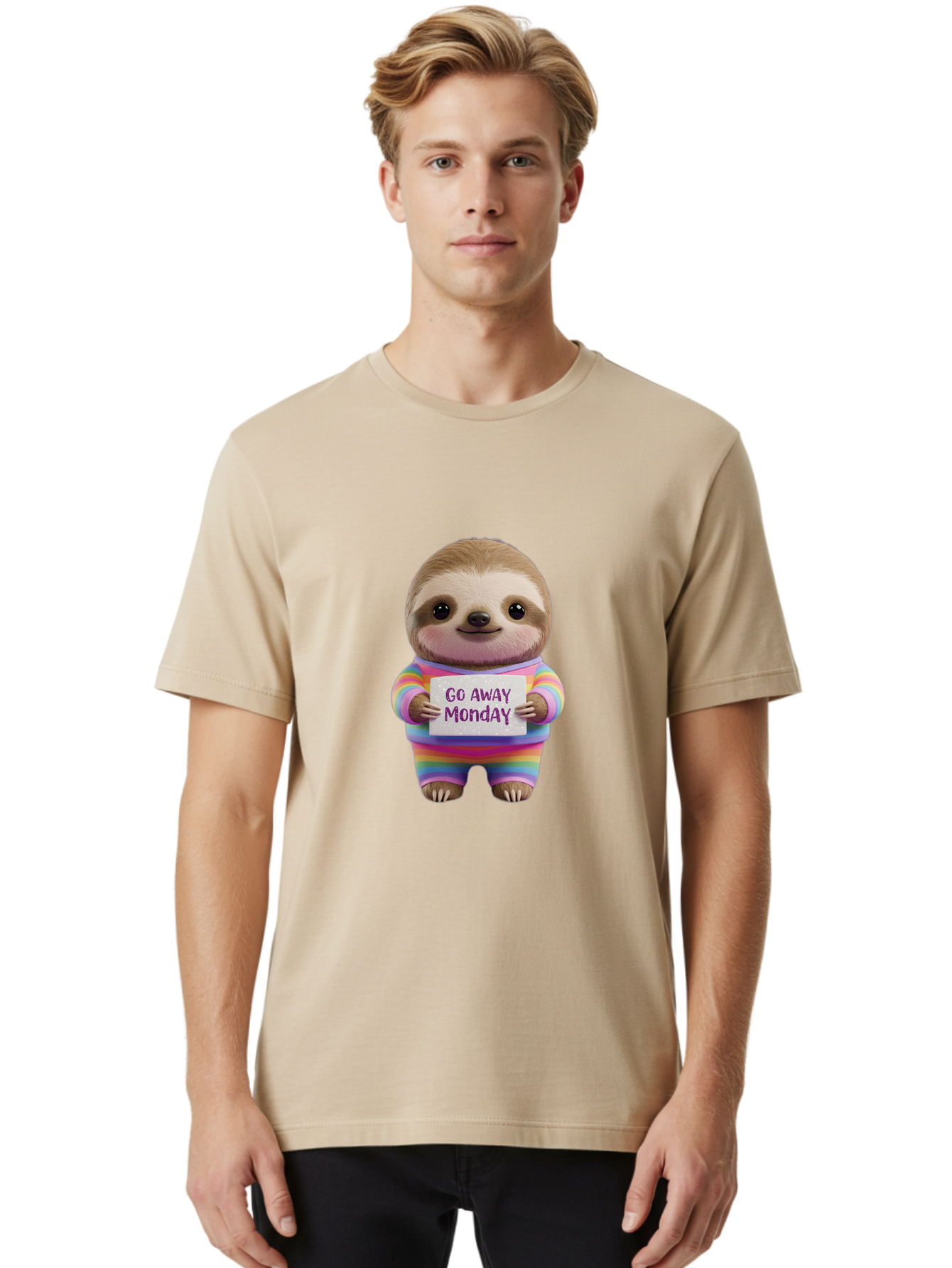 Go-Away-Monday-Sloth-1 Men'S Graphic Tee, 100% Cotton, Comfortable Casual Summer Wear, Machine Washable, Cute Sloth In Rainbow Pajamas, Holding Sign That Says Go Away Monday, Funny Cartoon Character, Humorous Illustration, Lazy Sloth, Bae457