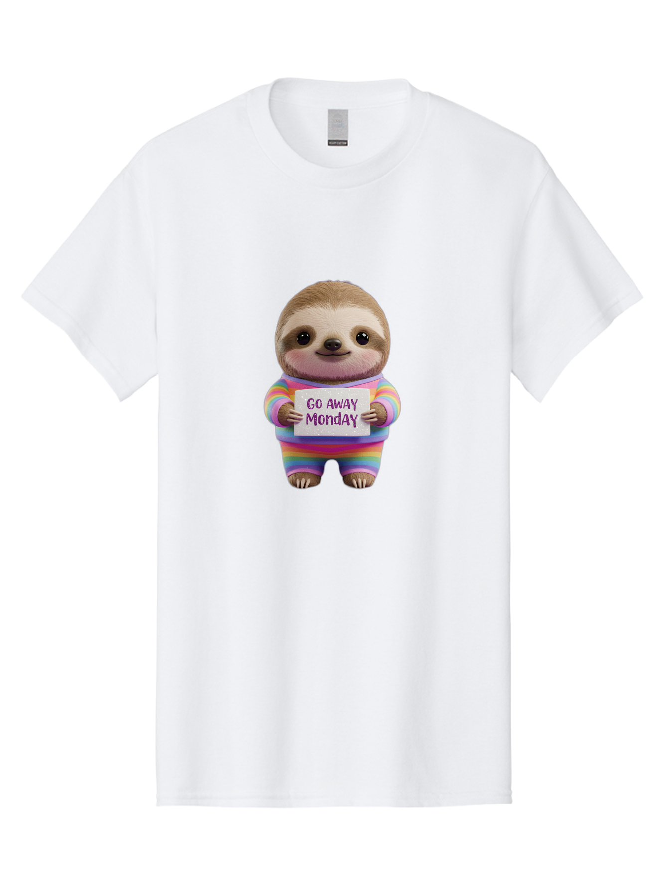 Go-Away-Monday-Sloth-1 Men'S Graphic Tee, 100% Cotton, Comfortable Casual Summer Wear, Machine Washable, Cute Sloth In Rainbow Pajamas, Holding Sign That Says Go Away Monday, Funny Cartoon Character, Humorous Illustration, Lazy Sloth, Bae457