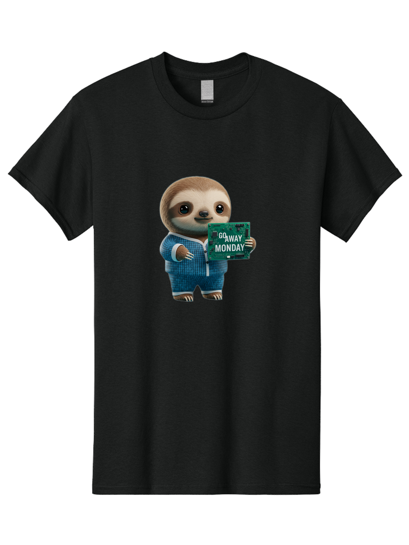 Go-Away-Monday-Sloth-2 Men'S Graphic Tee, 100% Cotton, Comfortable Casual Summer Wear, Machine Washable, Funny Sloth In Pajamas, Lazy Sloth Mascot, Cartoon Character Holding Sign, Go Away Monday, Humorous Illustration, Monday Motivation, Bae458
