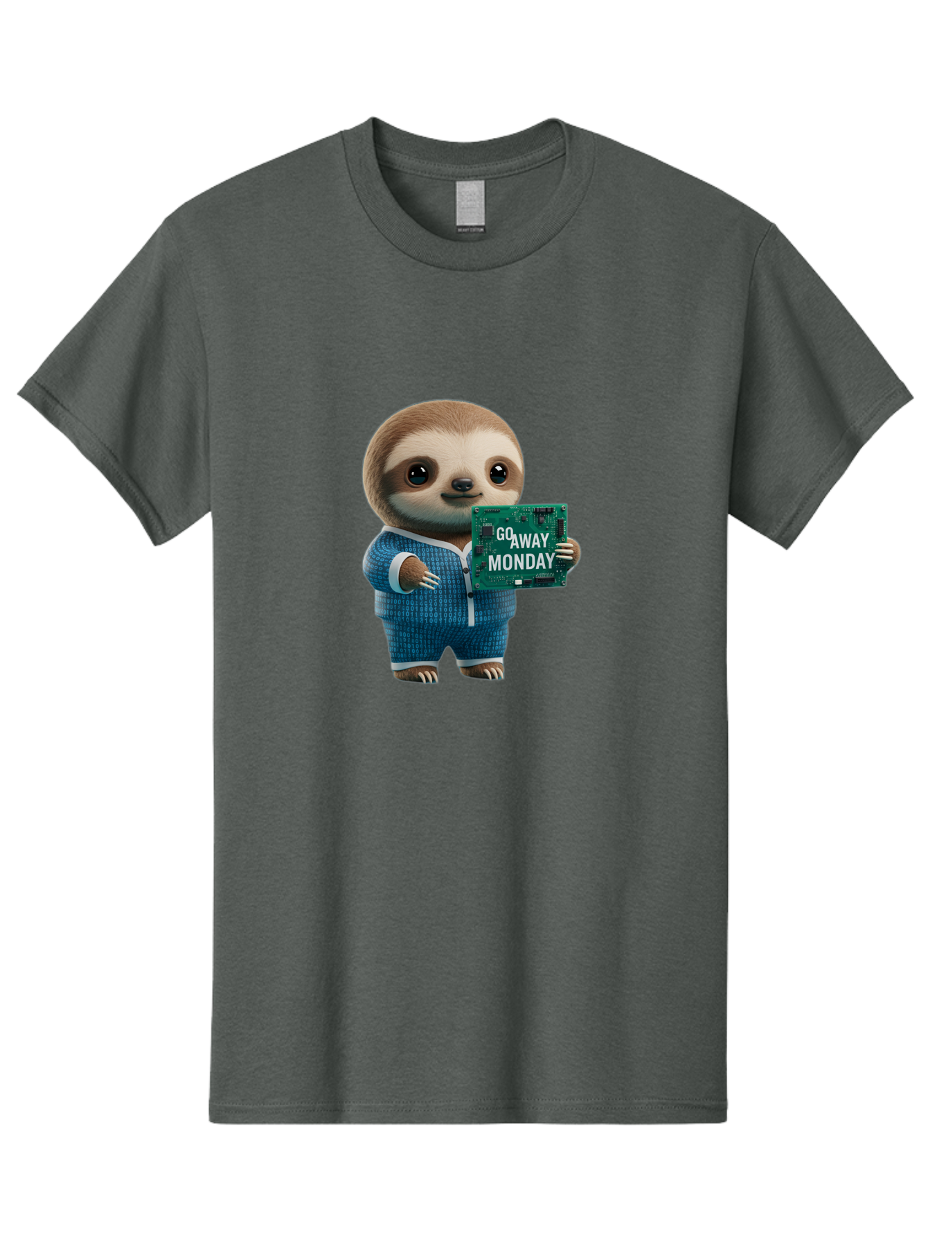 Go-Away-Monday-Sloth-2 Men'S Graphic Tee, 100% Cotton, Comfortable Casual Summer Wear, Machine Washable, Funny Sloth In Pajamas, Lazy Sloth Mascot, Cartoon Character Holding Sign, Go Away Monday, Humorous Illustration, Monday Motivation, Bae458