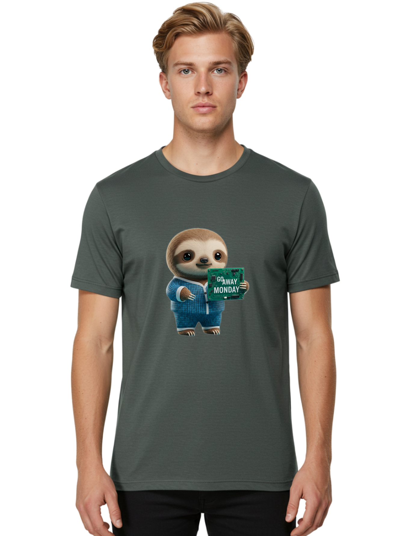 Go-Away-Monday-Sloth-2 Men'S Graphic Tee, 100% Cotton, Comfortable Casual Summer Wear, Machine Washable, Funny Sloth In Pajamas, Lazy Sloth Mascot, Cartoon Character Holding Sign, Go Away Monday, Humorous Illustration, Monday Motivation, Bae458