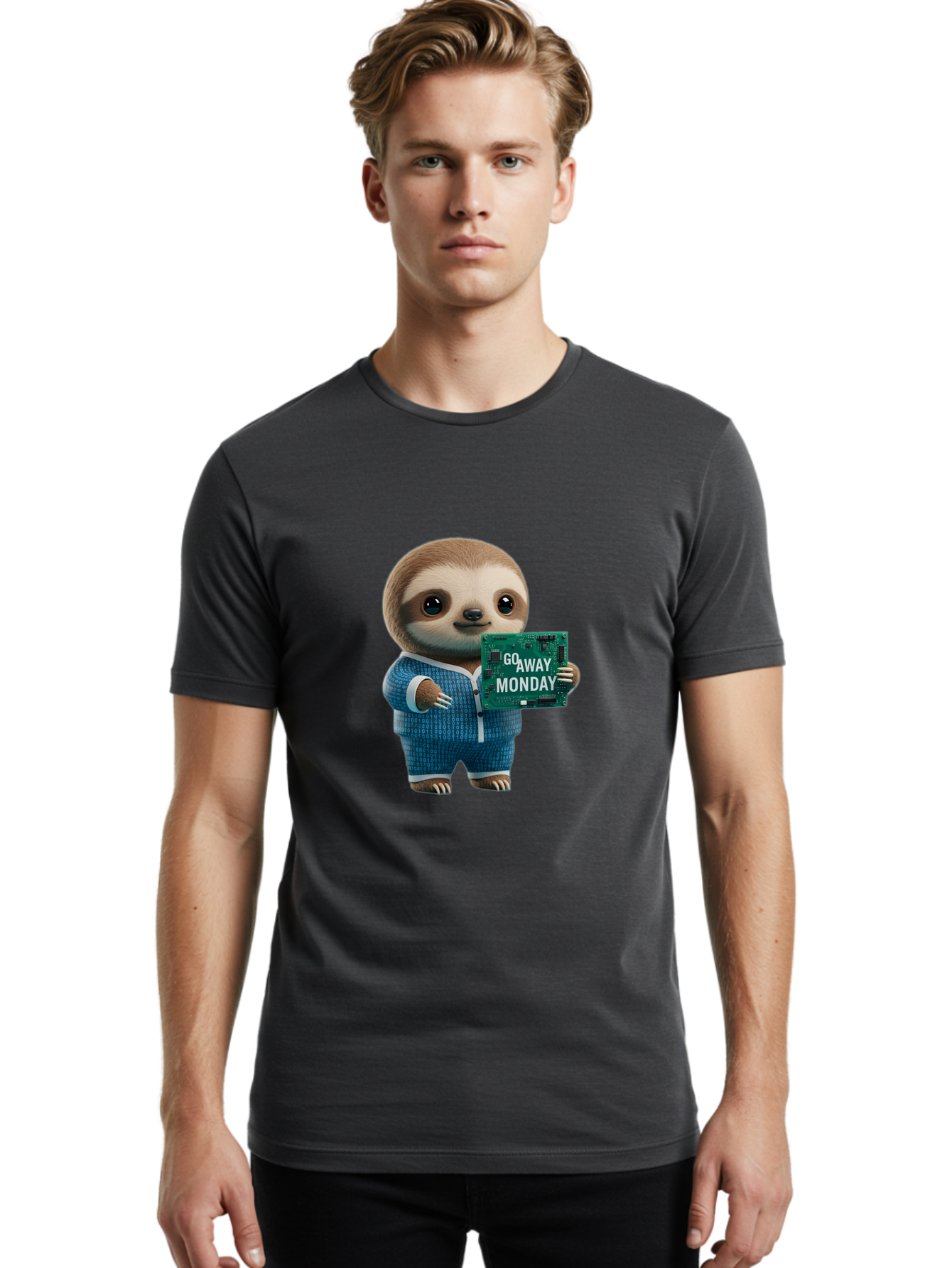 Go-Away-Monday-Sloth-2 Men'S Graphic Tee, 100% Cotton, Comfortable Casual Summer Wear, Machine Washable, Funny Sloth In Pajamas, Lazy Sloth Mascot, Cartoon Character Holding Sign, Go Away Monday, Humorous Illustration, Monday Motivation, Bae458