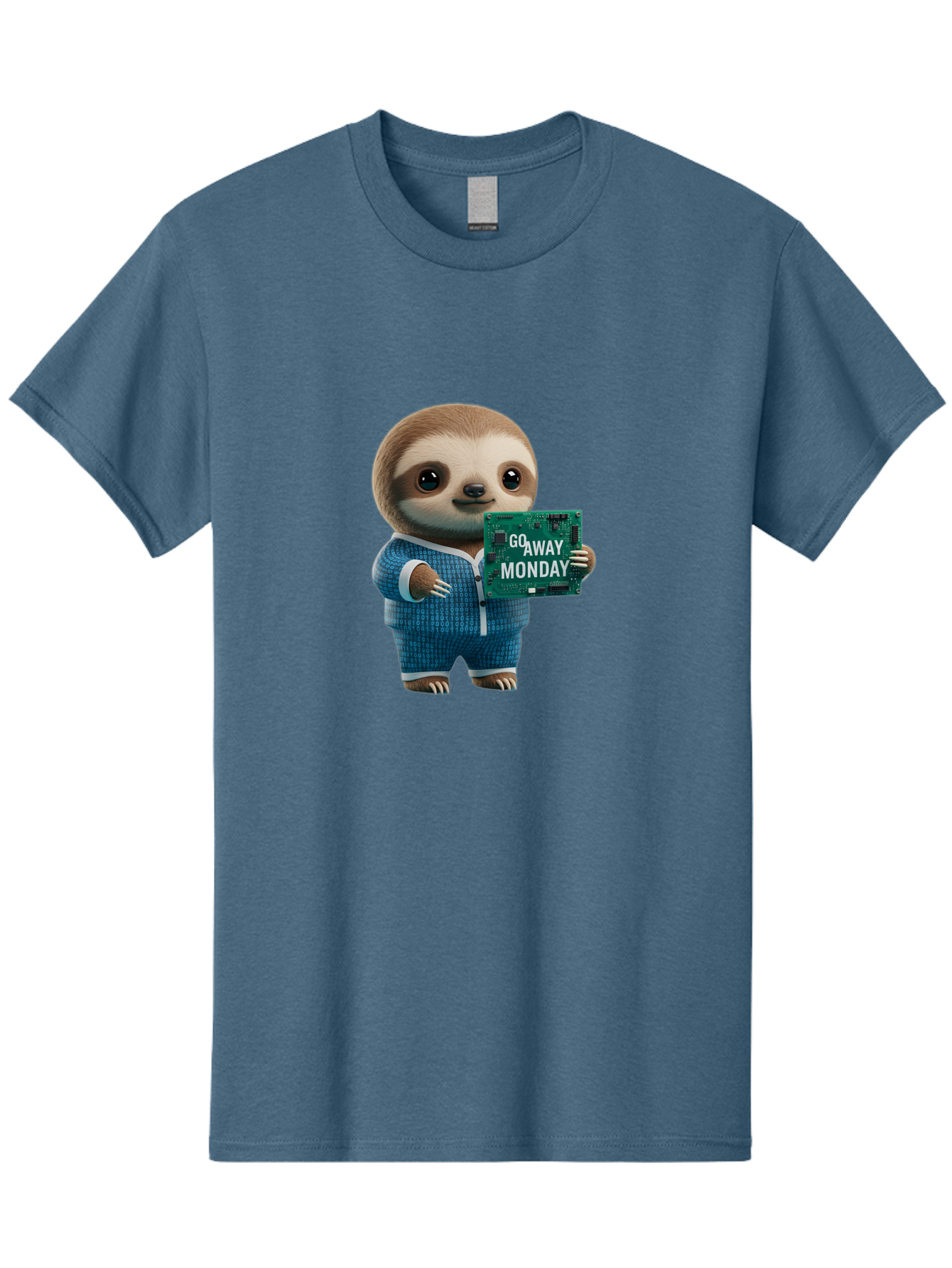 Go-Away-Monday-Sloth-2 Men'S Graphic Tee, 100% Cotton, Comfortable Casual Summer Wear, Machine Washable, Funny Sloth In Pajamas, Lazy Sloth Mascot, Cartoon Character Holding Sign, Go Away Monday, Humorous Illustration, Monday Motivation, Bae458