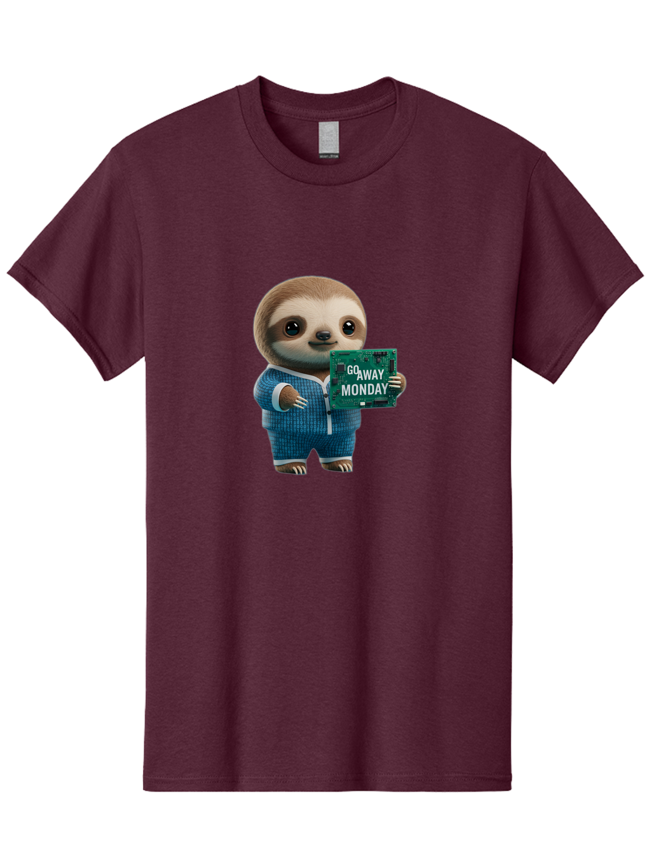 Go-Away-Monday-Sloth-2 Men'S Graphic Tee, 100% Cotton, Comfortable Casual Summer Wear, Machine Washable, Funny Sloth In Pajamas, Lazy Sloth Mascot, Cartoon Character Holding Sign, Go Away Monday, Humorous Illustration, Monday Motivation, Bae458