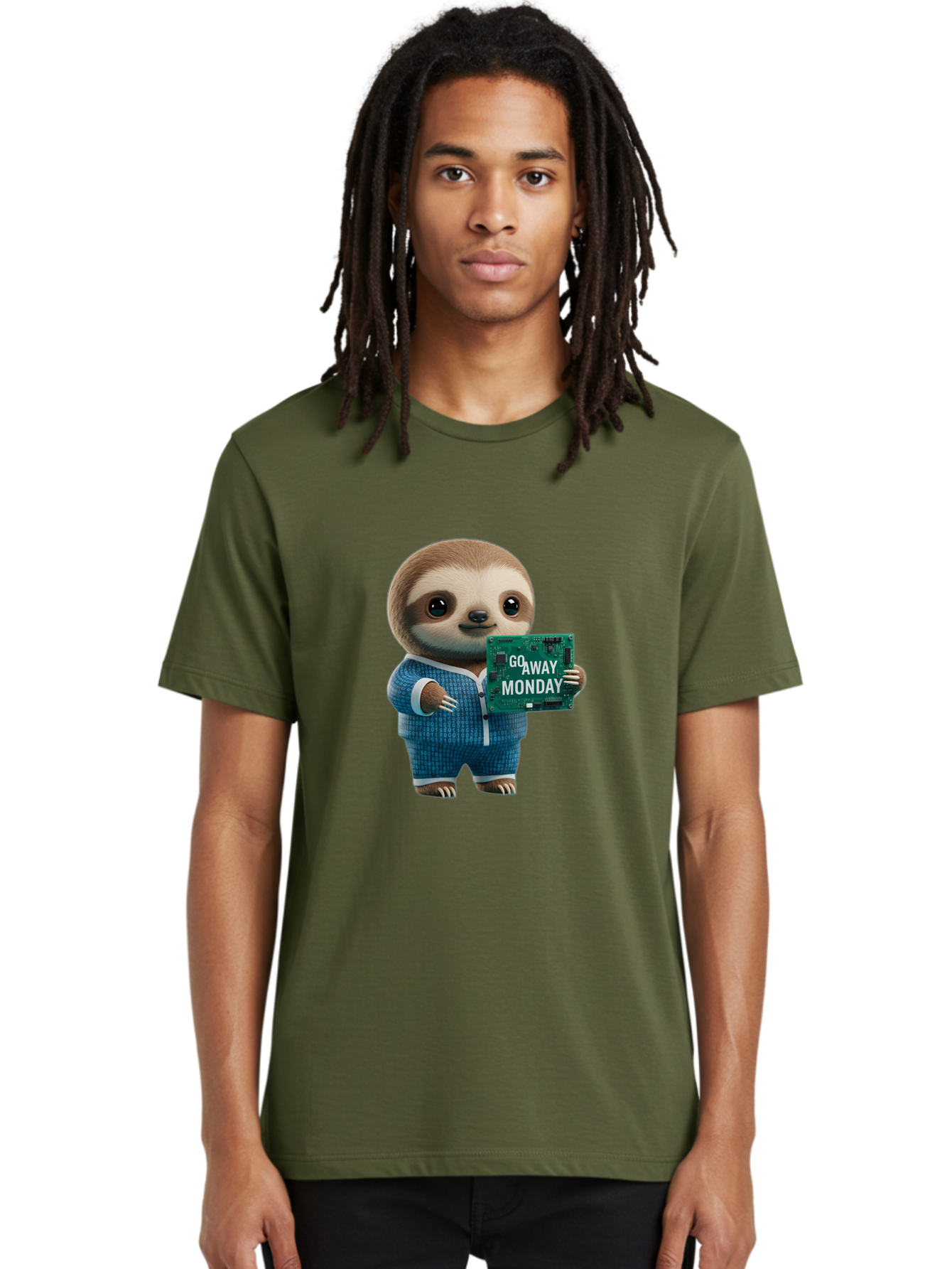 Go-Away-Monday-Sloth-2 Men'S Graphic Tee, 100% Cotton, Comfortable Casual Summer Wear, Machine Washable, Funny Sloth In Pajamas, Lazy Sloth Mascot, Cartoon Character Holding Sign, Go Away Monday, Humorous Illustration, Monday Motivation, Bae458