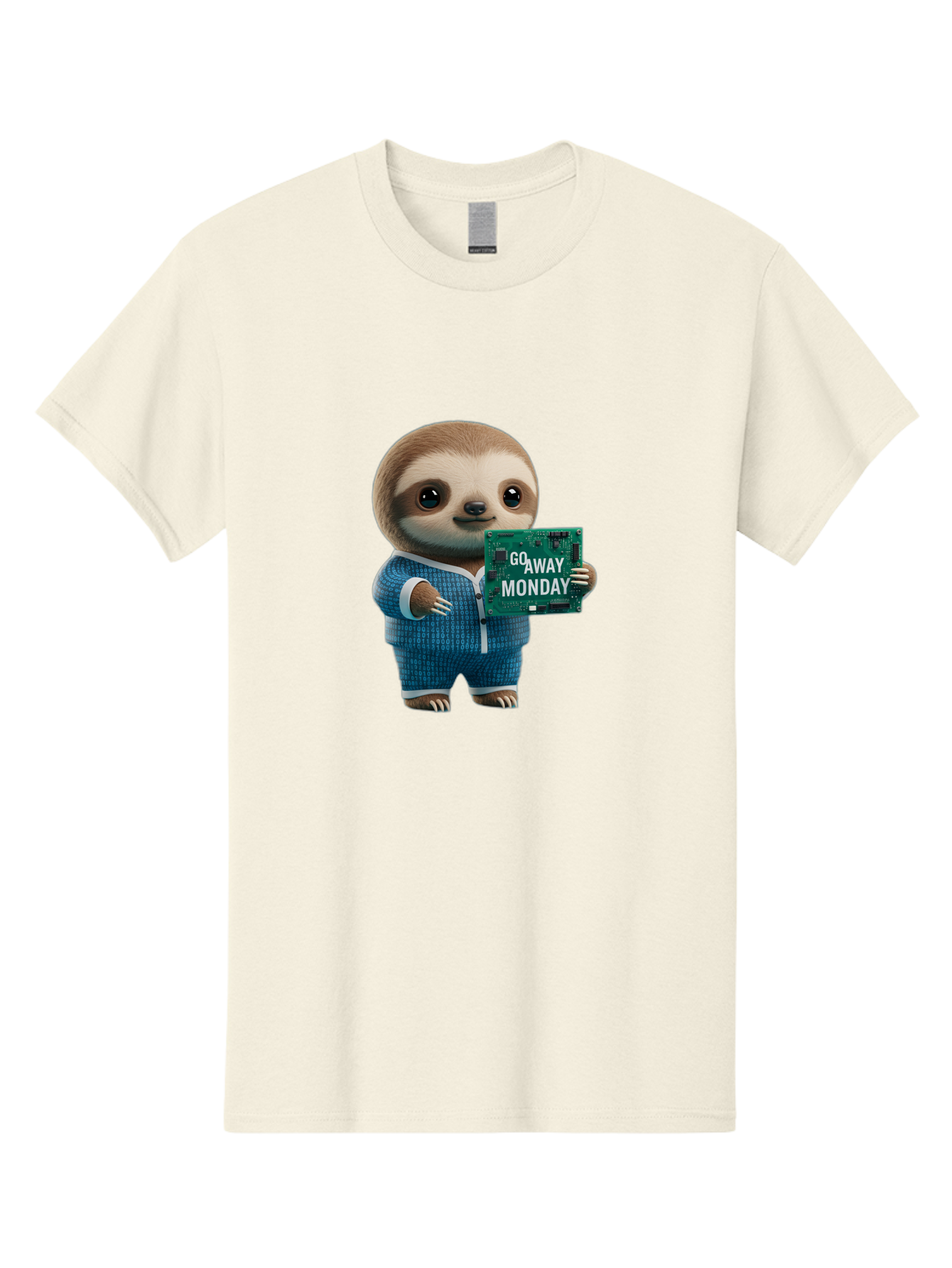 Go-Away-Monday-Sloth-2 Men'S Graphic Tee, 100% Cotton, Comfortable Casual Summer Wear, Machine Washable, Funny Sloth In Pajamas, Lazy Sloth Mascot, Cartoon Character Holding Sign, Go Away Monday, Humorous Illustration, Monday Motivation, Bae458