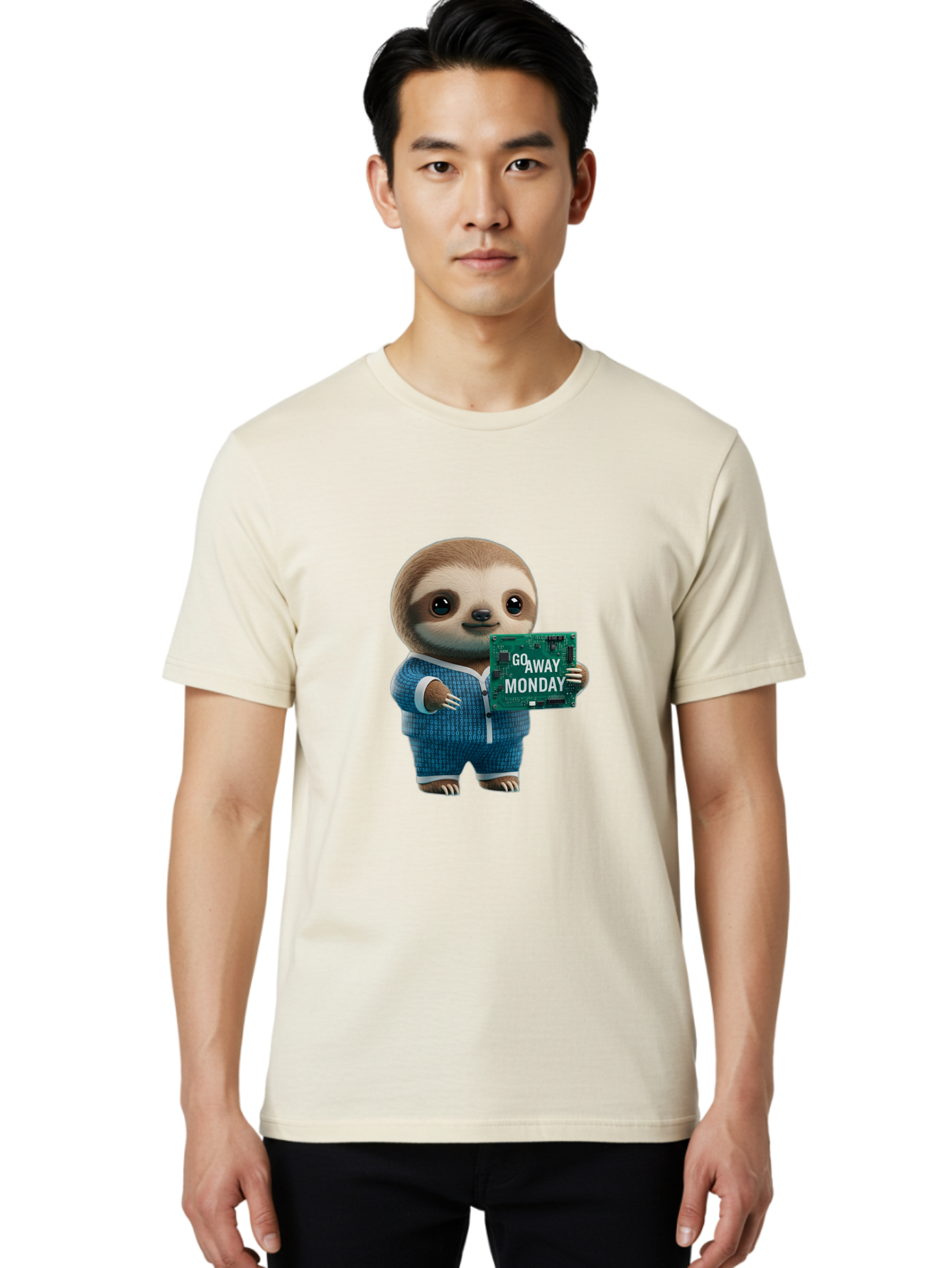 Go-Away-Monday-Sloth-2 Men'S Graphic Tee, 100% Cotton, Comfortable Casual Summer Wear, Machine Washable, Funny Sloth In Pajamas, Lazy Sloth Mascot, Cartoon Character Holding Sign, Go Away Monday, Humorous Illustration, Monday Motivation, Bae458