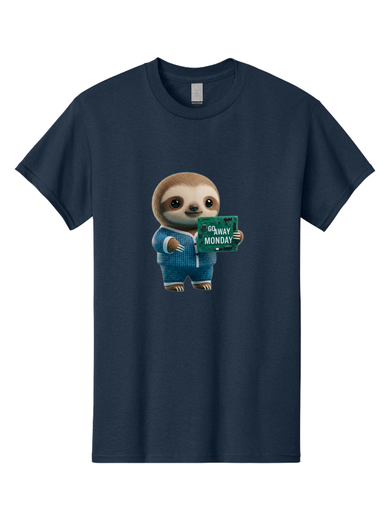 Go-Away-Monday-Sloth-2 Men'S Graphic Tee, 100% Cotton, Comfortable Casual Summer Wear, Machine Washable, Funny Sloth In Pajamas, Lazy Sloth Mascot, Cartoon Character Holding Sign, Go Away Monday, Humorous Illustration, Monday Motivation, Bae458
