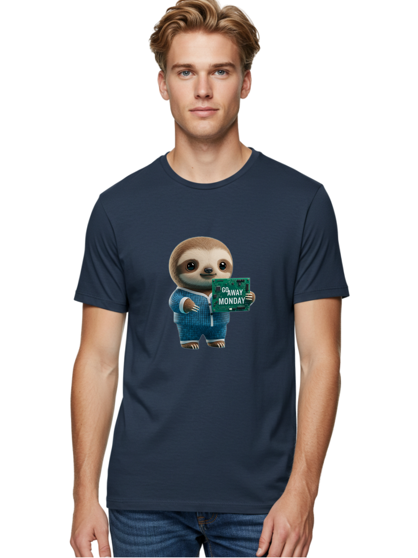 Go-Away-Monday-Sloth-2 Men'S Graphic Tee, 100% Cotton, Comfortable Casual Summer Wear, Machine Washable, Funny Sloth In Pajamas, Lazy Sloth Mascot, Cartoon Character Holding Sign, Go Away Monday, Humorous Illustration, Monday Motivation, Bae458