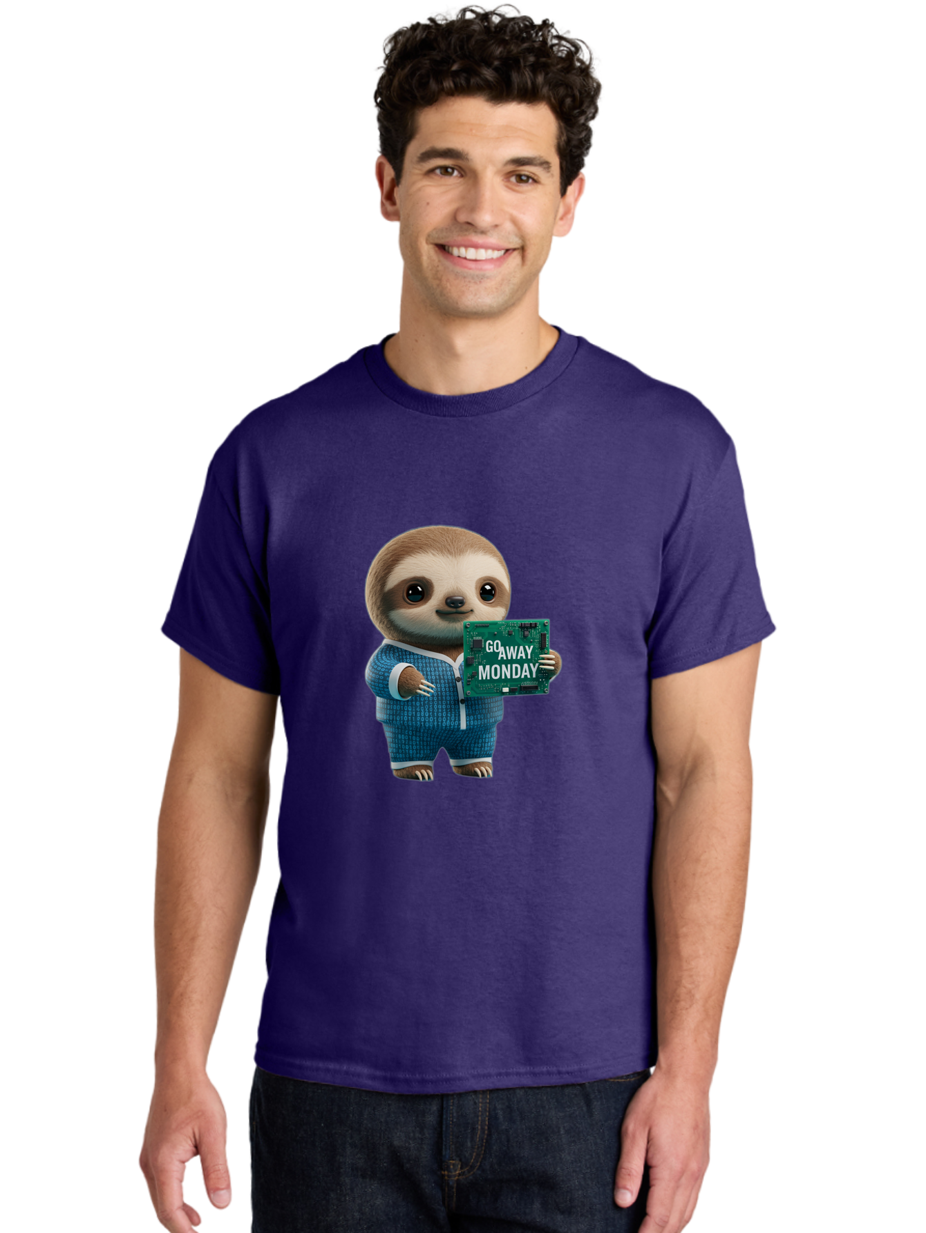 Go-Away-Monday-Sloth-2 Men'S Graphic Tee, 100% Cotton, Comfortable Casual Summer Wear, Machine Washable, Funny Sloth In Pajamas, Lazy Sloth Mascot, Cartoon Character Holding Sign, Go Away Monday, Humorous Illustration, Monday Motivation, Bae458