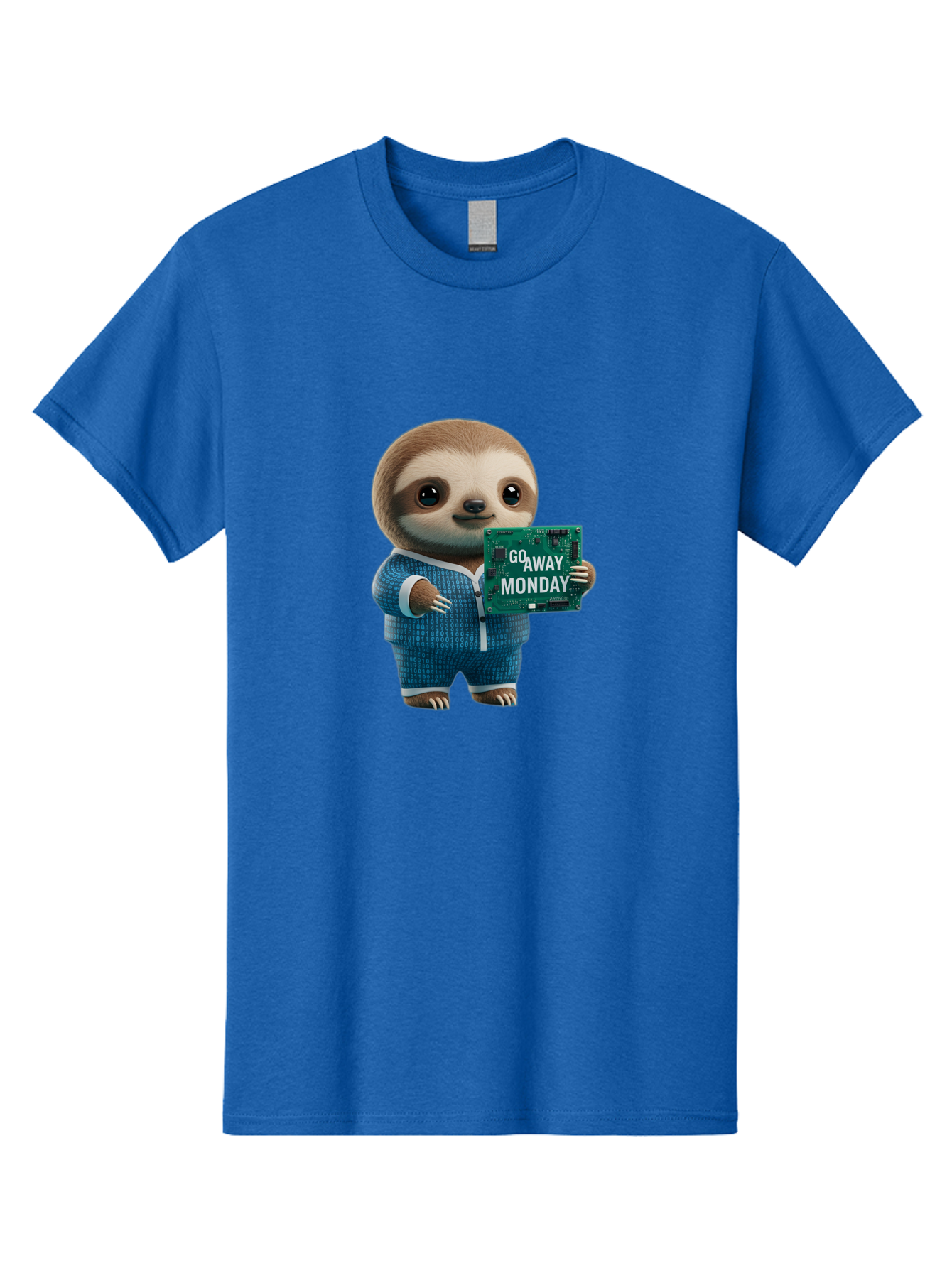 Go-Away-Monday-Sloth-2 Men'S Graphic Tee, 100% Cotton, Comfortable Casual Summer Wear, Machine Washable, Funny Sloth In Pajamas, Lazy Sloth Mascot, Cartoon Character Holding Sign, Go Away Monday, Humorous Illustration, Monday Motivation, Bae458