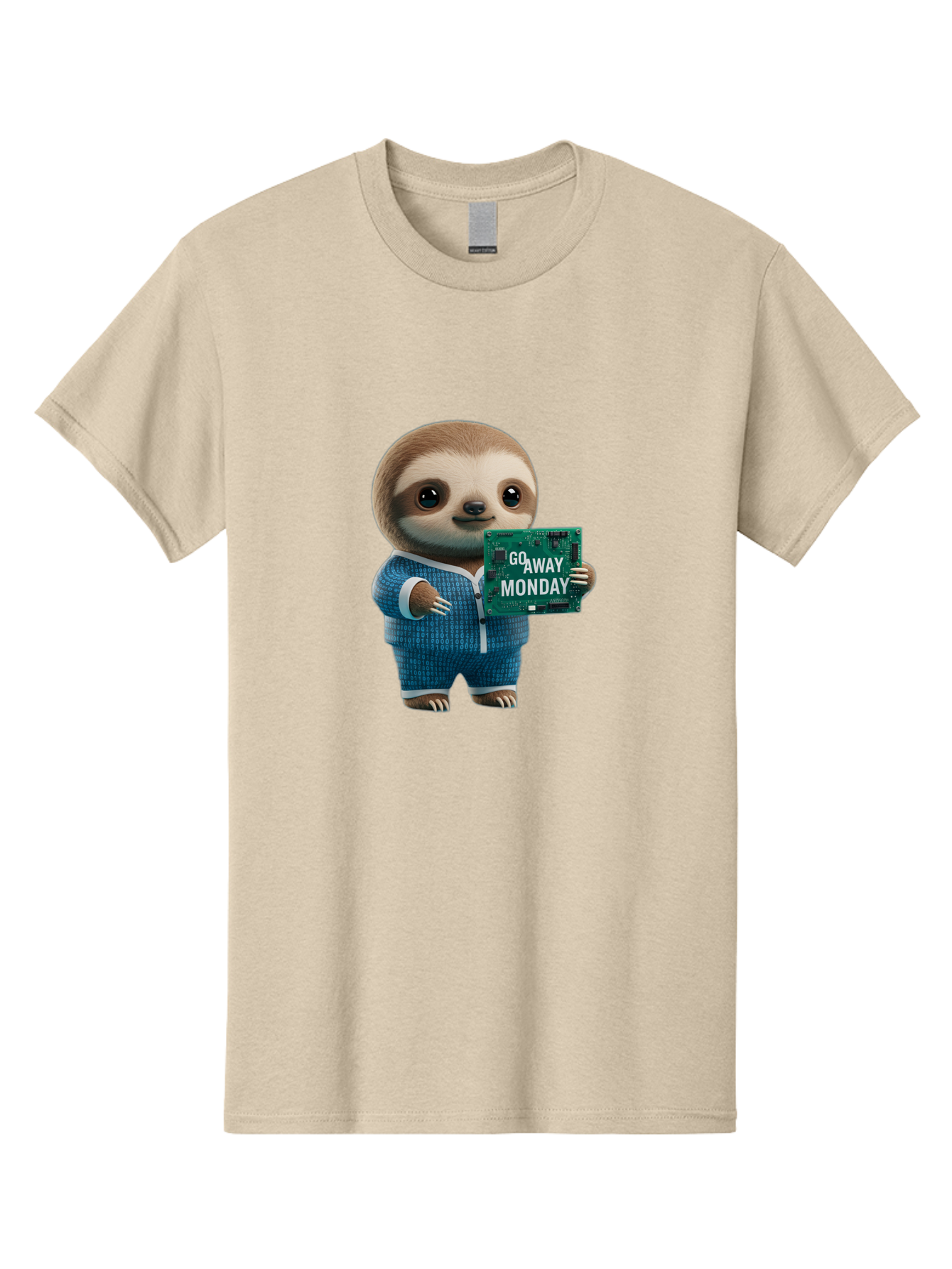 Go-Away-Monday-Sloth-2 Men'S Graphic Tee, 100% Cotton, Comfortable Casual Summer Wear, Machine Washable, Funny Sloth In Pajamas, Lazy Sloth Mascot, Cartoon Character Holding Sign, Go Away Monday, Humorous Illustration, Monday Motivation, Bae458
