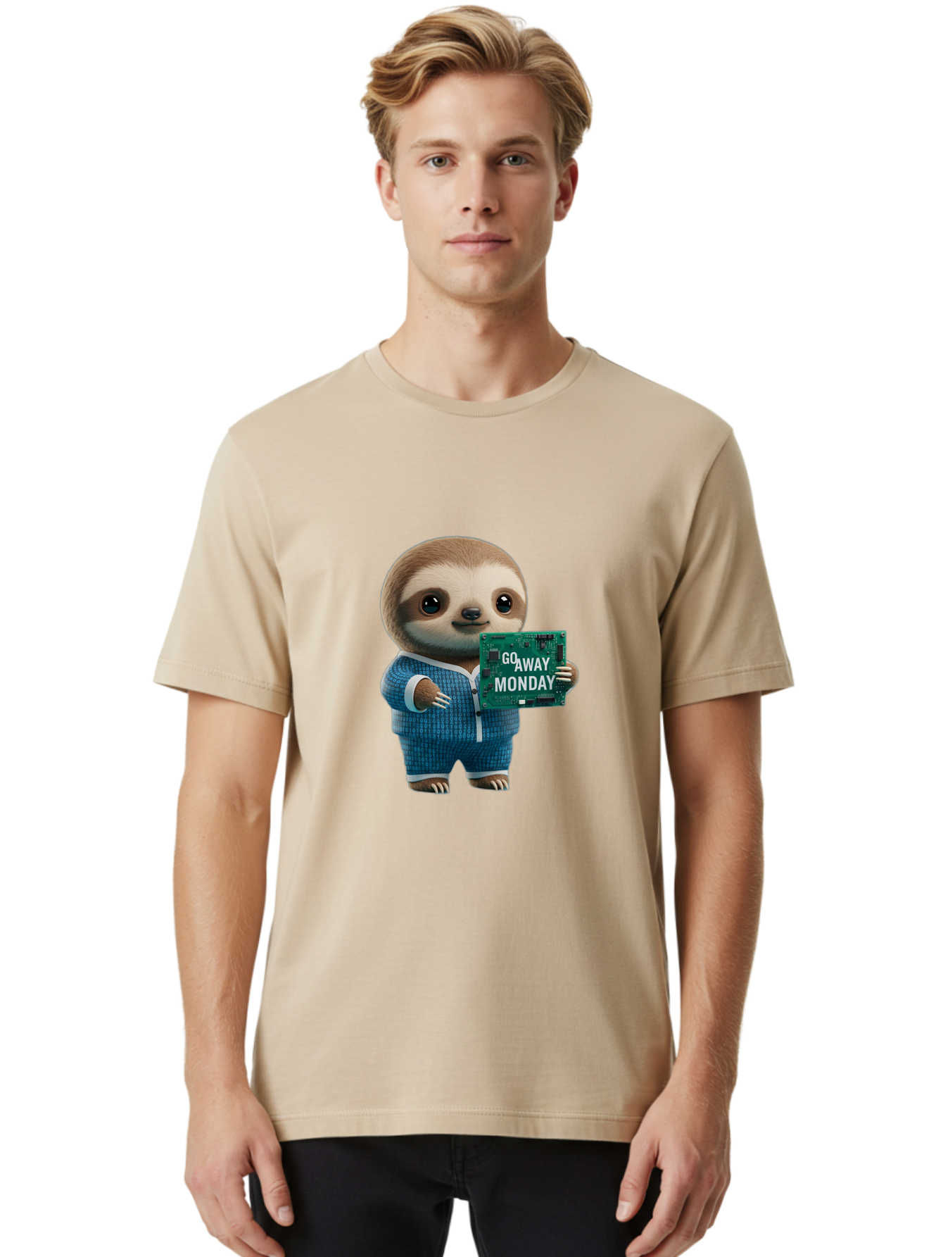 Go-Away-Monday-Sloth-2 Men'S Graphic Tee, 100% Cotton, Comfortable Casual Summer Wear, Machine Washable, Funny Sloth In Pajamas, Lazy Sloth Mascot, Cartoon Character Holding Sign, Go Away Monday, Humorous Illustration, Monday Motivation, Bae458