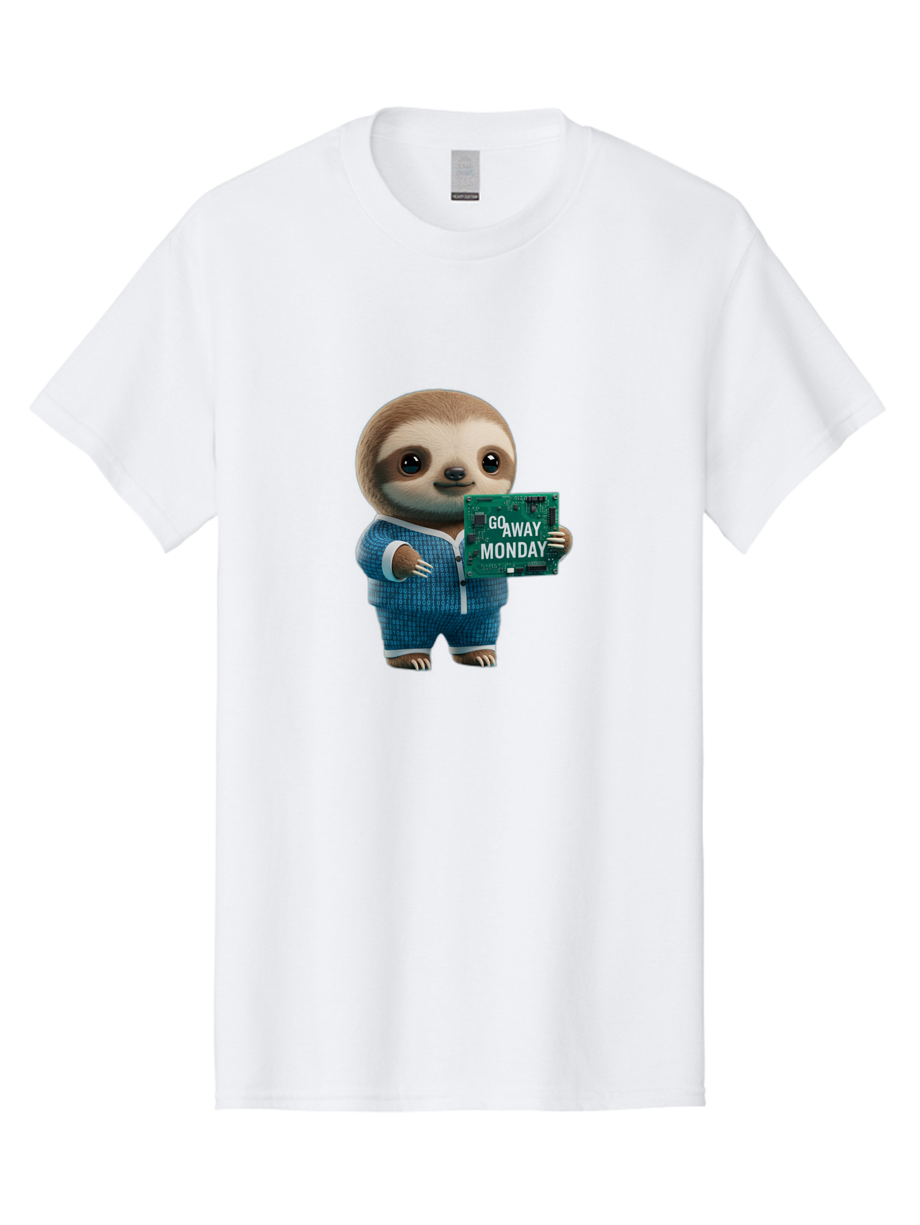 Go-Away-Monday-Sloth-2 Men'S Graphic Tee, 100% Cotton, Comfortable Casual Summer Wear, Machine Washable, Funny Sloth In Pajamas, Lazy Sloth Mascot, Cartoon Character Holding Sign, Go Away Monday, Humorous Illustration, Monday Motivation, Bae458