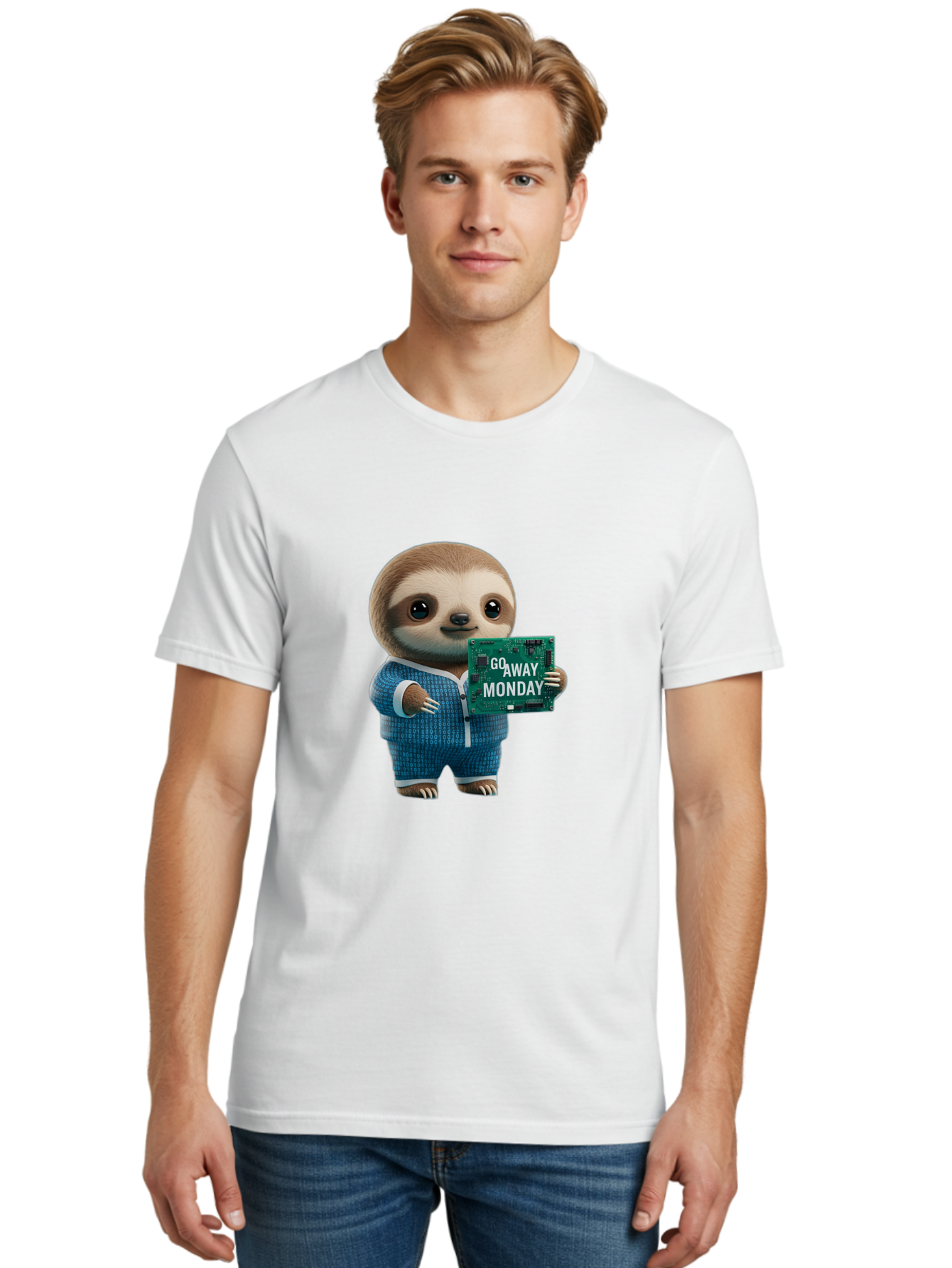 Go-Away-Monday-Sloth-2 Men'S Graphic Tee, 100% Cotton, Comfortable Casual Summer Wear, Machine Washable, Funny Sloth In Pajamas, Lazy Sloth Mascot, Cartoon Character Holding Sign, Go Away Monday, Humorous Illustration, Monday Motivation, Bae458