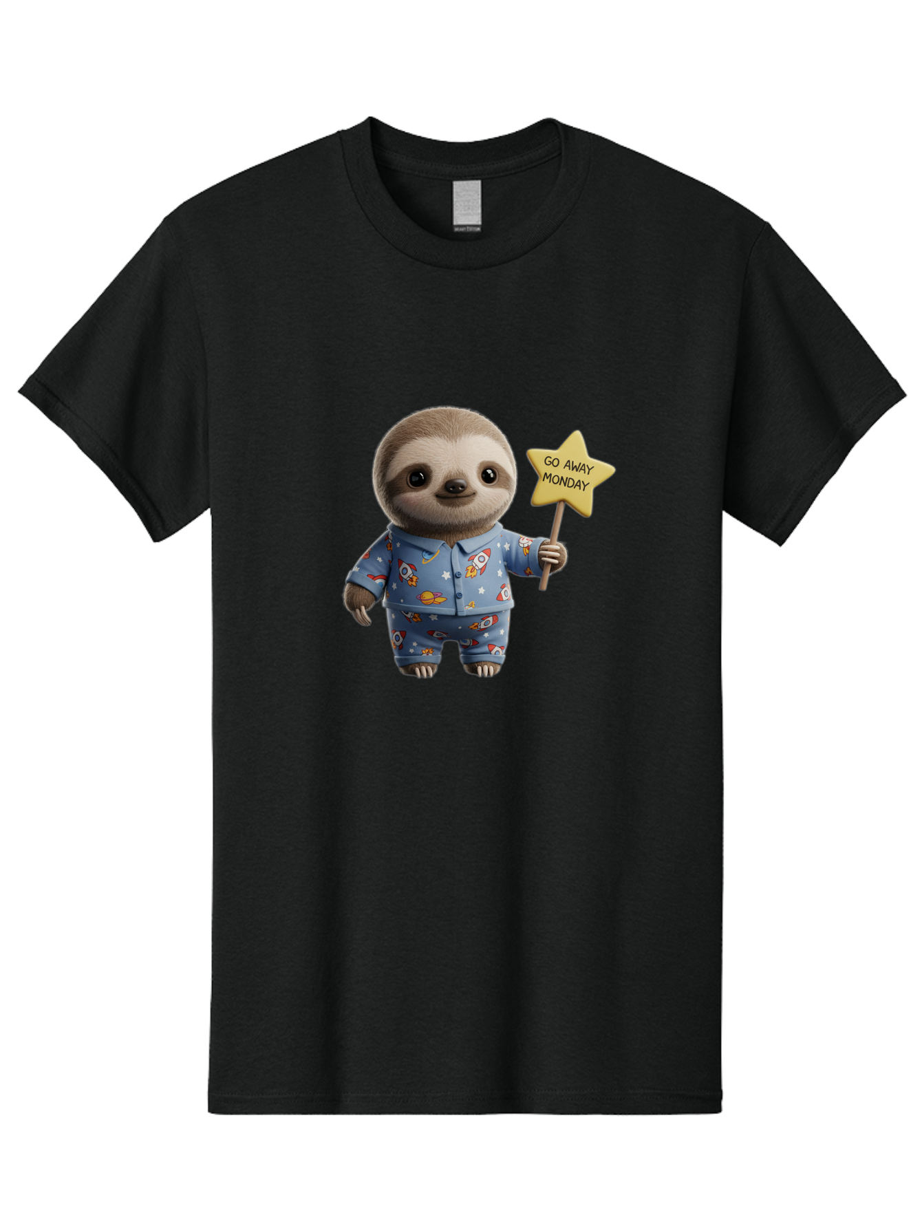 Go-Away-Monday-Sloth-3 Men'S Graphic Tee, 100% Cotton, Comfortable Casual Summer Wear, Machine Washable, Cute Sloth, Funny Sloth, Sloth In Pajamas, Space Themed, Cartoon Character, Go Away Monday Sign, Humorous Illustration, Quirky Design, Bae459