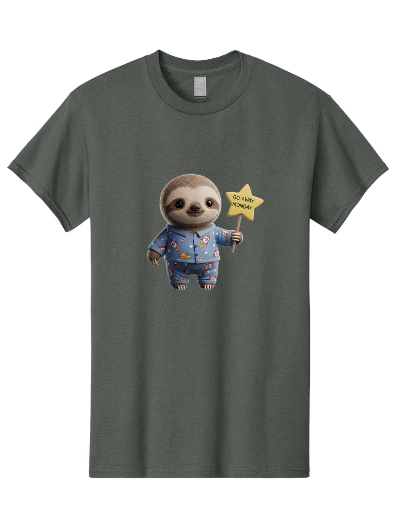 Go-Away-Monday-Sloth-3 Men'S Graphic Tee, 100% Cotton, Comfortable Casual Summer Wear, Machine Washable, Cute Sloth, Funny Sloth, Sloth In Pajamas, Space Themed, Cartoon Character, Go Away Monday Sign, Humorous Illustration, Quirky Design, Bae459