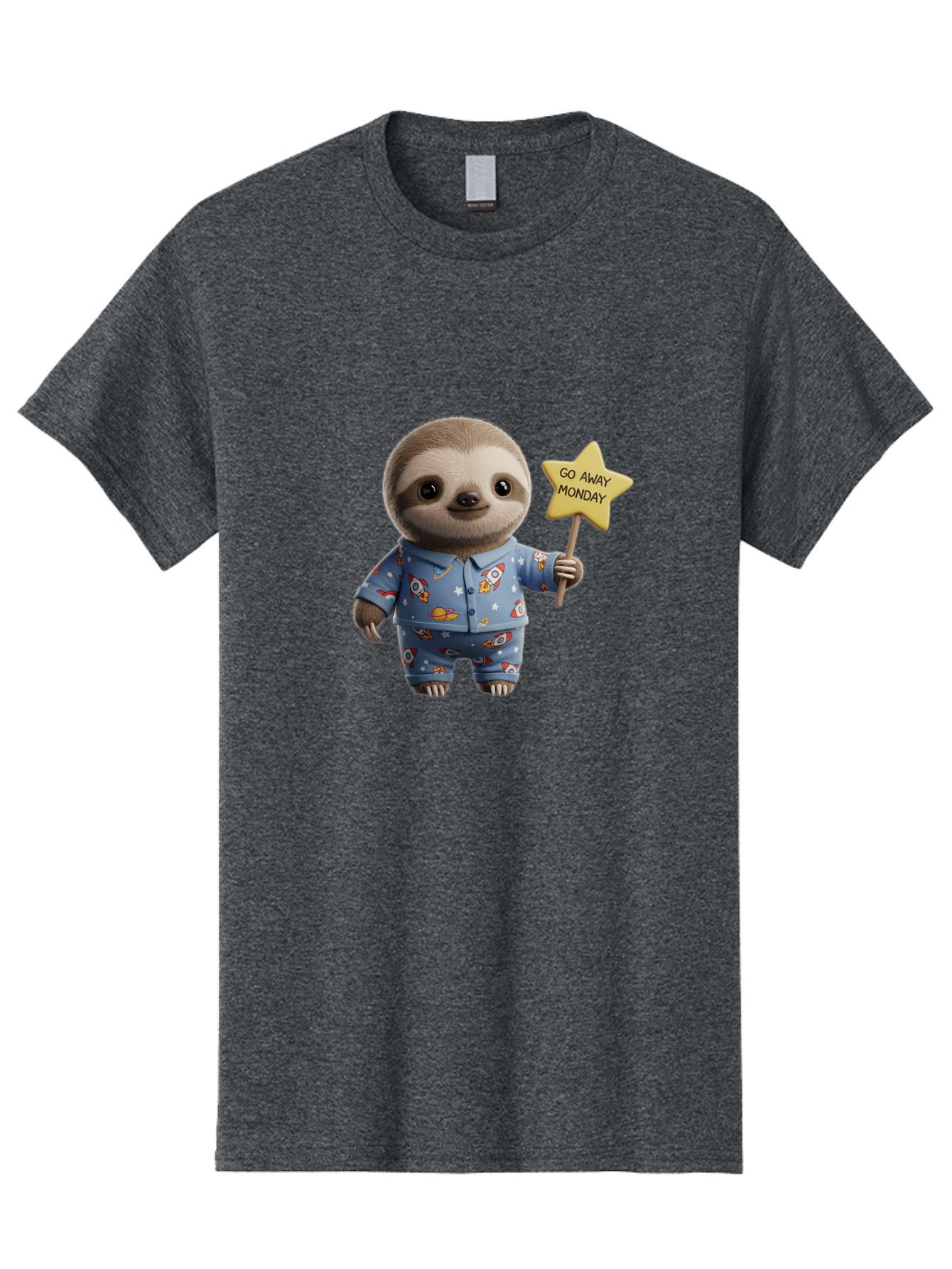Go-Away-Monday-Sloth-3 Men'S Graphic Tee, 100% Cotton, Comfortable Casual Summer Wear, Machine Washable, Cute Sloth, Funny Sloth, Sloth In Pajamas, Space Themed, Cartoon Character, Go Away Monday Sign, Humorous Illustration, Quirky Design, Bae459