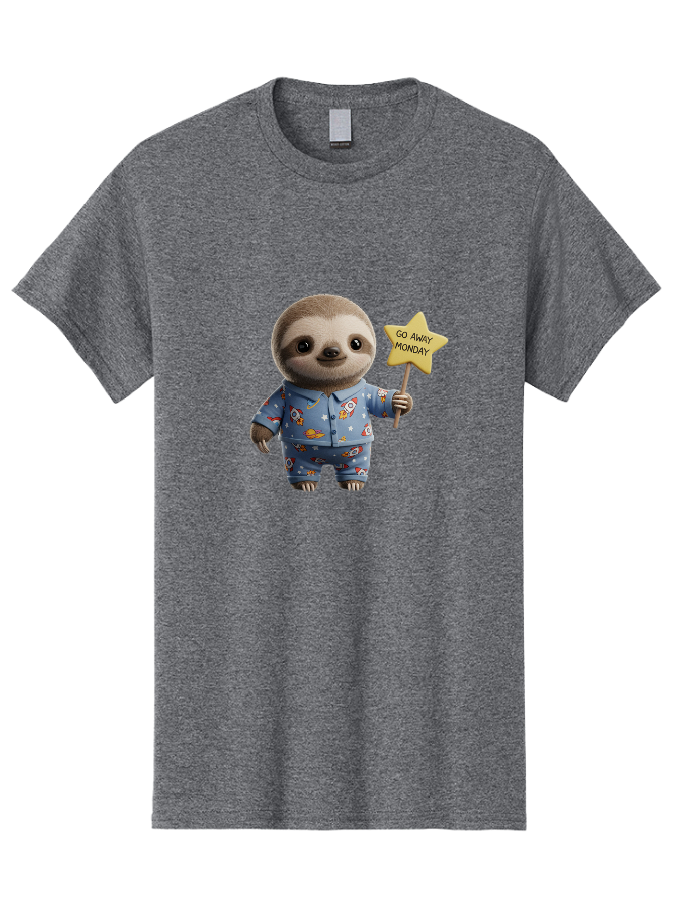 Go-Away-Monday-Sloth-3 Men'S Graphic Tee, 100% Cotton, Comfortable Casual Summer Wear, Machine Washable, Cute Sloth, Funny Sloth, Sloth In Pajamas, Space Themed, Cartoon Character, Go Away Monday Sign, Humorous Illustration, Quirky Design, Bae459