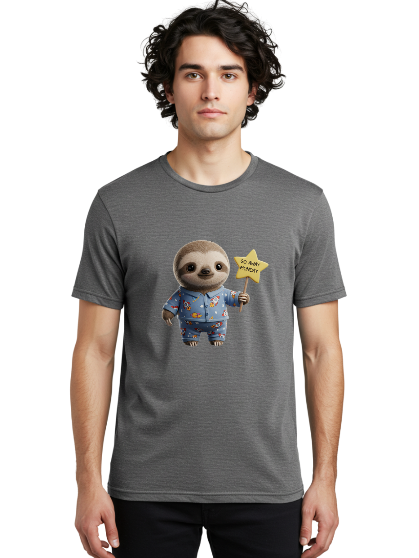 Go-Away-Monday-Sloth-3 Men'S Graphic Tee, 100% Cotton, Comfortable Casual Summer Wear, Machine Washable, Cute Sloth, Funny Sloth, Sloth In Pajamas, Space Themed, Cartoon Character, Go Away Monday Sign, Humorous Illustration, Quirky Design, Bae459