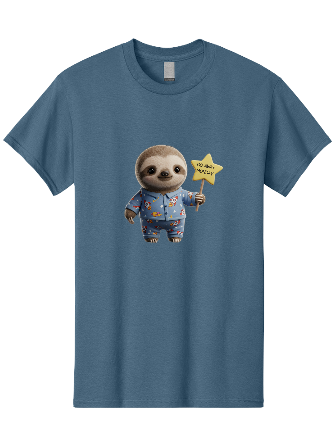 Go-Away-Monday-Sloth-3 Men'S Graphic Tee, 100% Cotton, Comfortable Casual Summer Wear, Machine Washable, Cute Sloth, Funny Sloth, Sloth In Pajamas, Space Themed, Cartoon Character, Go Away Monday Sign, Humorous Illustration, Quirky Design, Bae459