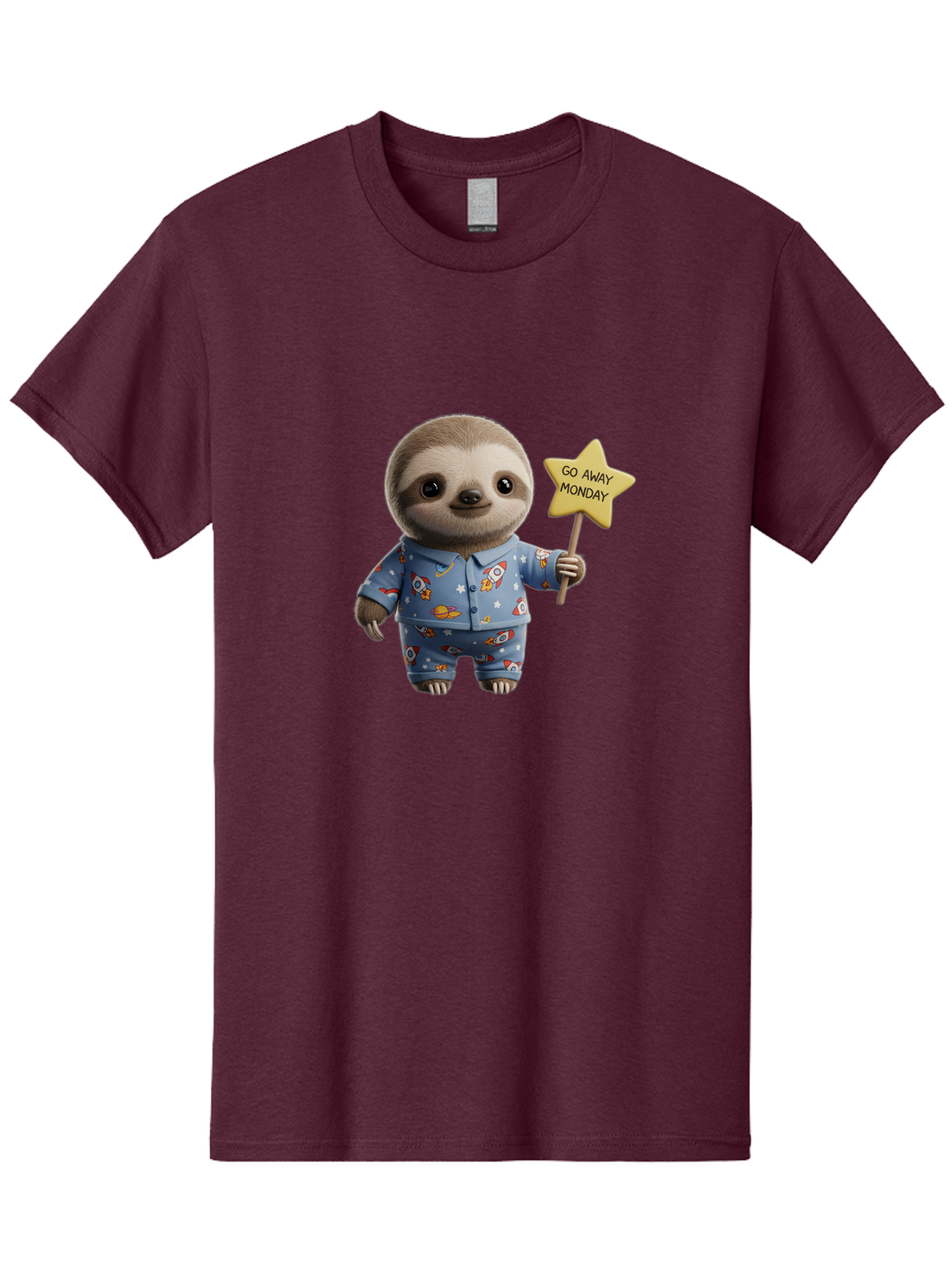 Go-Away-Monday-Sloth-3 Men'S Graphic Tee, 100% Cotton, Comfortable Casual Summer Wear, Machine Washable, Cute Sloth, Funny Sloth, Sloth In Pajamas, Space Themed, Cartoon Character, Go Away Monday Sign, Humorous Illustration, Quirky Design, Bae459