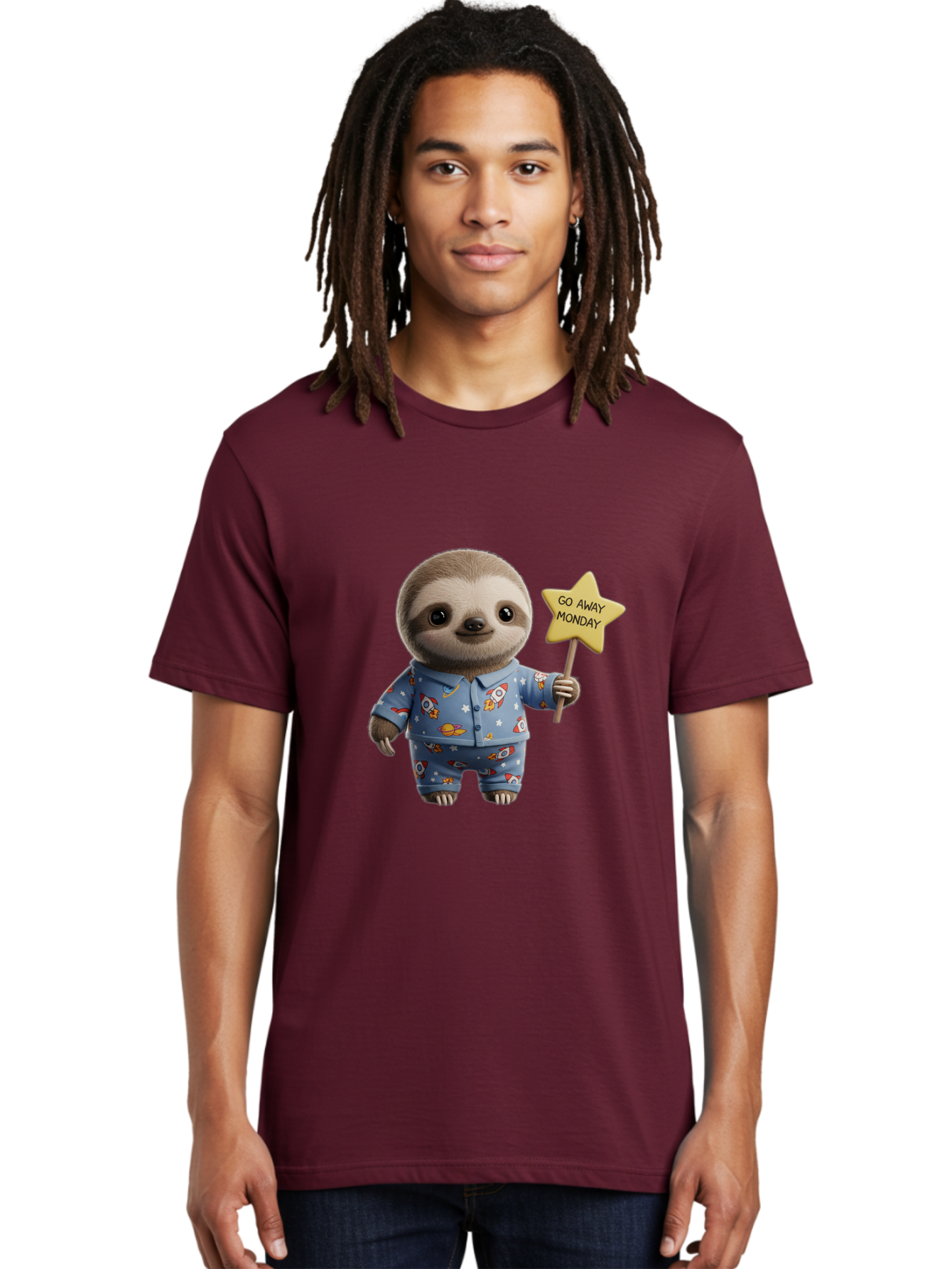 Go-Away-Monday-Sloth-3 Men'S Graphic Tee, 100% Cotton, Comfortable Casual Summer Wear, Machine Washable, Cute Sloth, Funny Sloth, Sloth In Pajamas, Space Themed, Cartoon Character, Go Away Monday Sign, Humorous Illustration, Quirky Design, Bae459