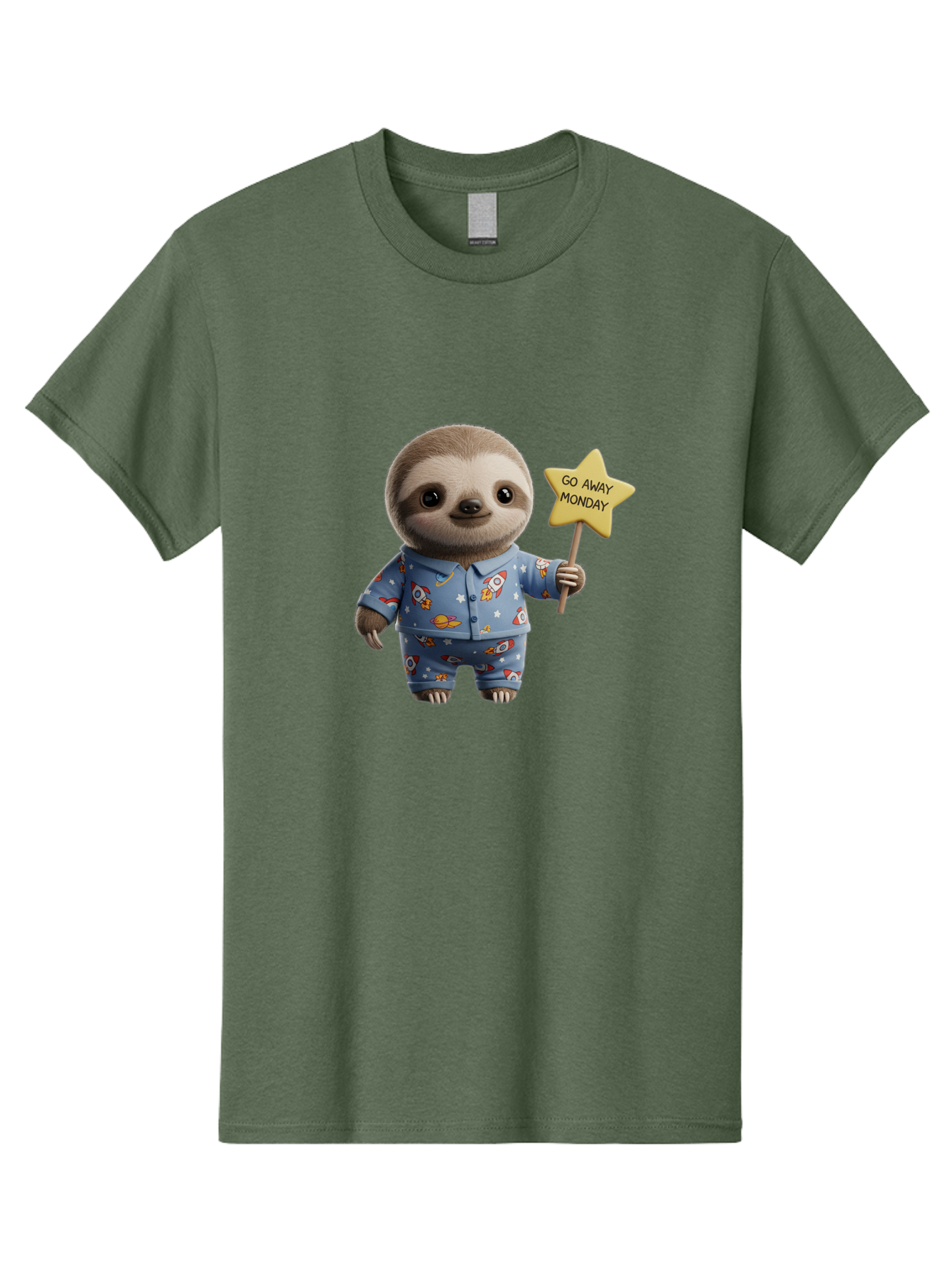 Go-Away-Monday-Sloth-3 Men'S Graphic Tee, 100% Cotton, Comfortable Casual Summer Wear, Machine Washable, Cute Sloth, Funny Sloth, Sloth In Pajamas, Space Themed, Cartoon Character, Go Away Monday Sign, Humorous Illustration, Quirky Design, Bae459