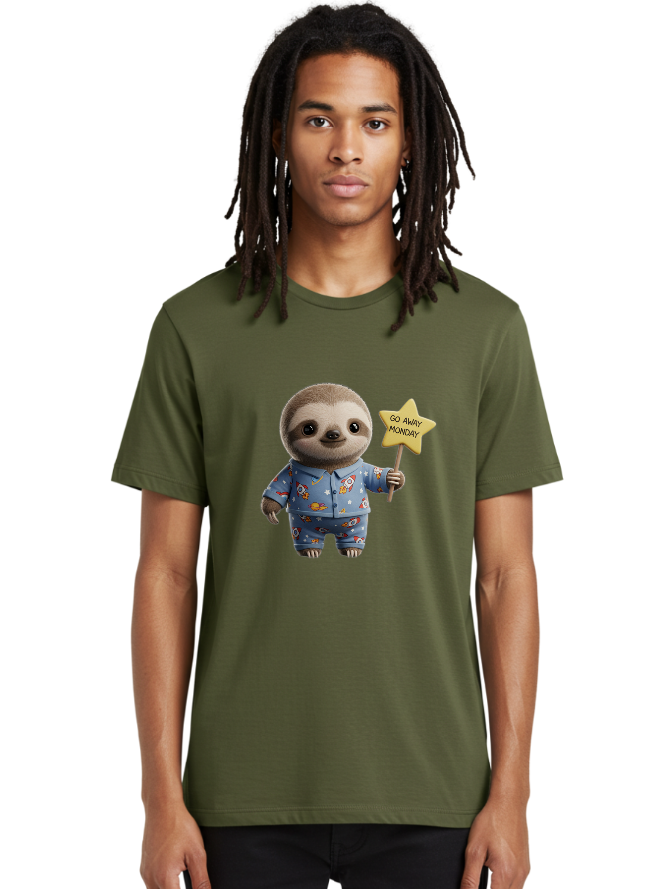 Go-Away-Monday-Sloth-3 Men'S Graphic Tee, 100% Cotton, Comfortable Casual Summer Wear, Machine Washable, Cute Sloth, Funny Sloth, Sloth In Pajamas, Space Themed, Cartoon Character, Go Away Monday Sign, Humorous Illustration, Quirky Design, Bae459