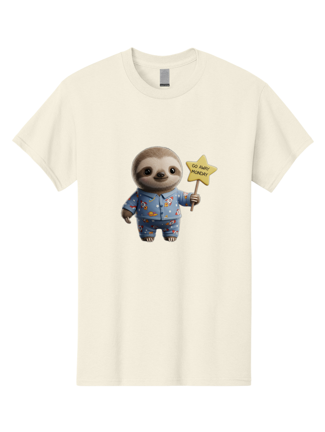 Go-Away-Monday-Sloth-3 Men'S Graphic Tee, 100% Cotton, Comfortable Casual Summer Wear, Machine Washable, Cute Sloth, Funny Sloth, Sloth In Pajamas, Space Themed, Cartoon Character, Go Away Monday Sign, Humorous Illustration, Quirky Design, Bae459